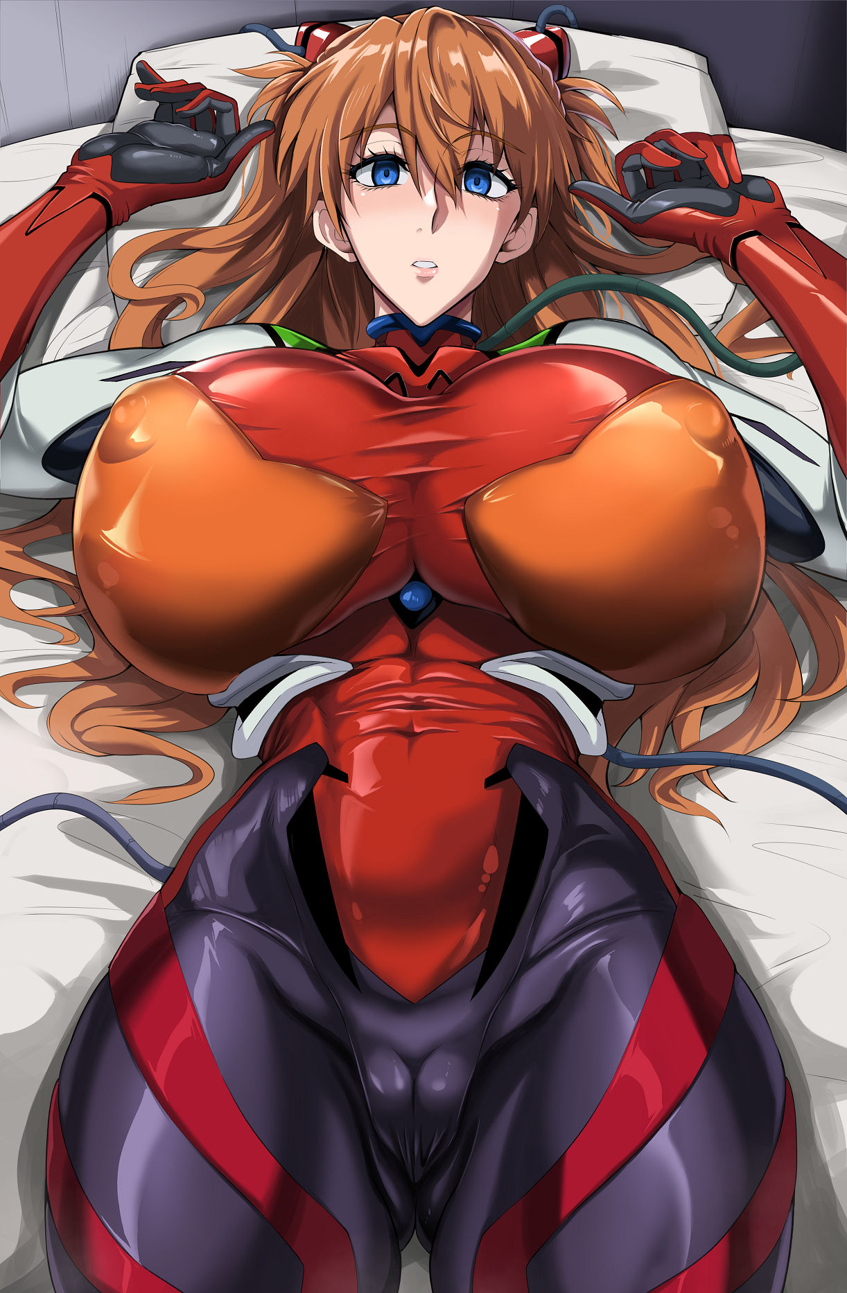 2d asuka_langley_sohryu big_breasts blush bodysuit breasts cameltoe female female_only fully_clothed huge_breasts jet_puri looking_at_viewer lying_on_back lying_on_bed neon_genesis_evangelion red_hair thights