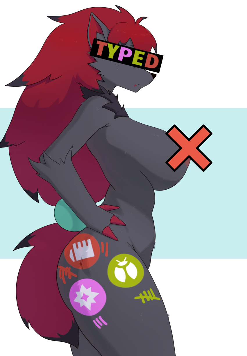 absurd_res anthro big_breasts black_body black_fur breasts canid canine claws digital_media_(artwork) digital_painting_(artwork) female fur furry furry_female furry_only generation_5_pokemon hair haolksou hi_res looking_at_viewer mammal nintendo nipples pokemon pokemon_(species) red_hair simple_background tail type_disadvantage video_games yiff zoroark