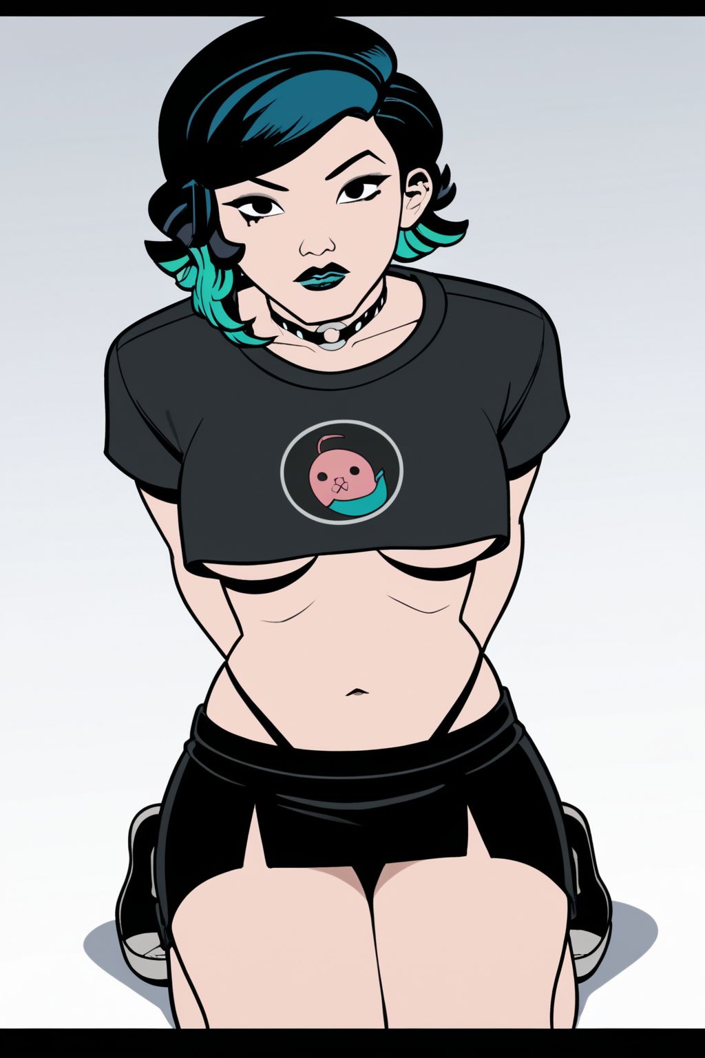 arms behind back, black eyes, black hair, black lipstick, black panties, choker, crop top, female, goth, goth girl, goth makeup, highleg panties, kneeling, looking at viewer, marvel, marvel comics, navel, nico minoru, nico minoru (yfnsm), on knees, runaways, skirt, spider-man (series), your friendly neighborhood spider-man, your friendly neighborhood spider-man (2025)