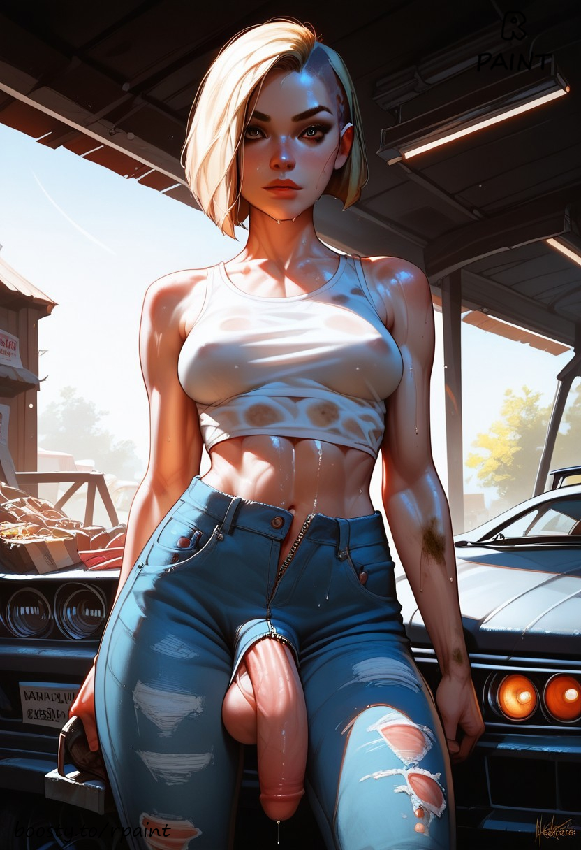 1futa ai_generated balls blonde_futa blonde_hair boosty boosty_username futa_only futanari huge_cock jeans mechanic rpaint wet wet_body wet_clothes wet_penis wet_skin