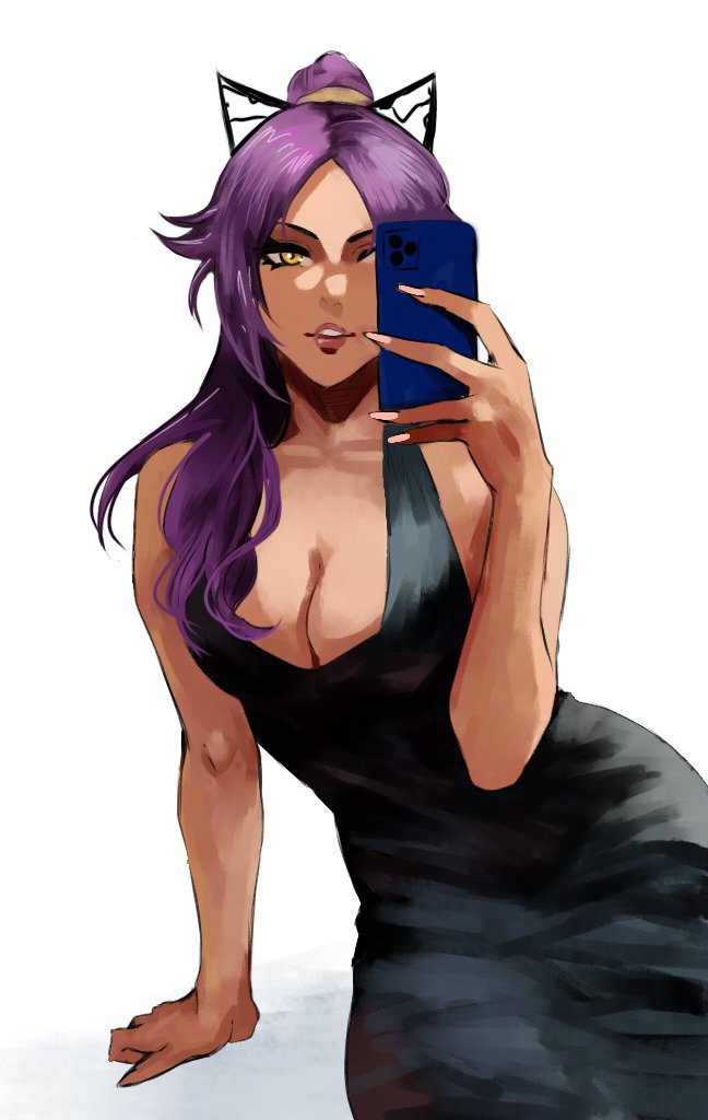 1girls black_dress bleach cleavage dark-skinned_female dark_skin dress insomn_bion looking_at_viewer phone ponytail purple_hair shihouin_yoruichi sitting solo solo_female taking_picture yellow_eyes