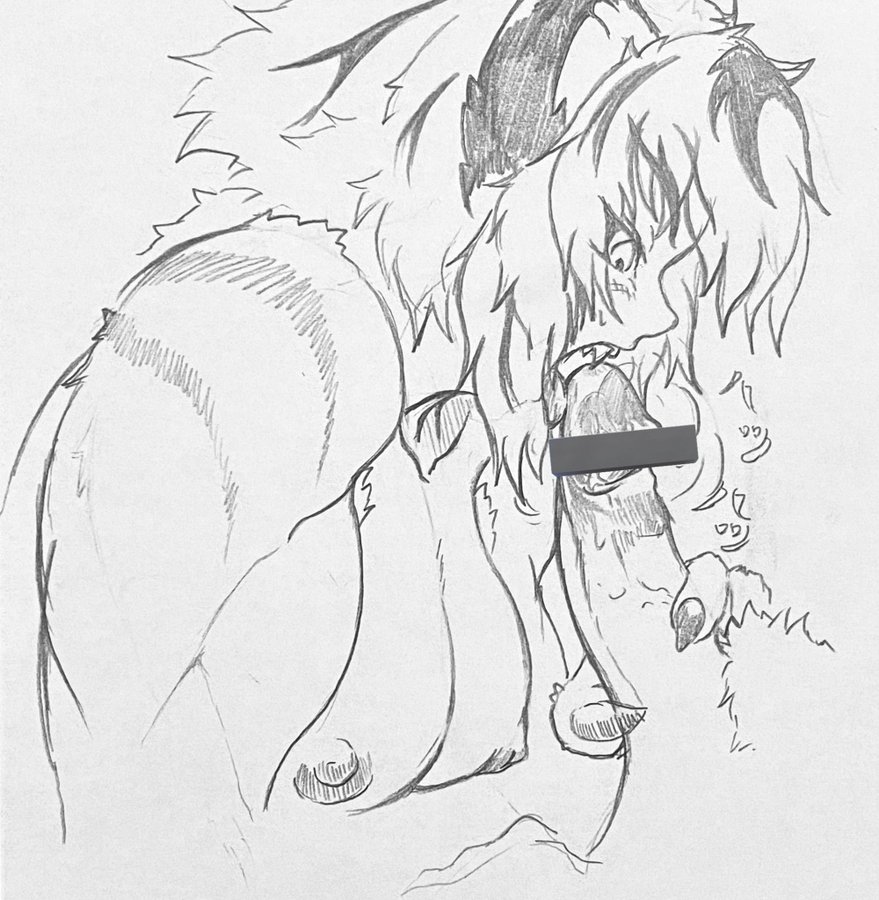 black_and_white breasts breasts_out chinju_r_(artist) fangs fangs_on_penis female female_focus feral imminent_bite imminent_eating imminent_fellatio imminent_oral monochrome reluctant sharp_claws sharp_teeth sketch tiger tiger_ears