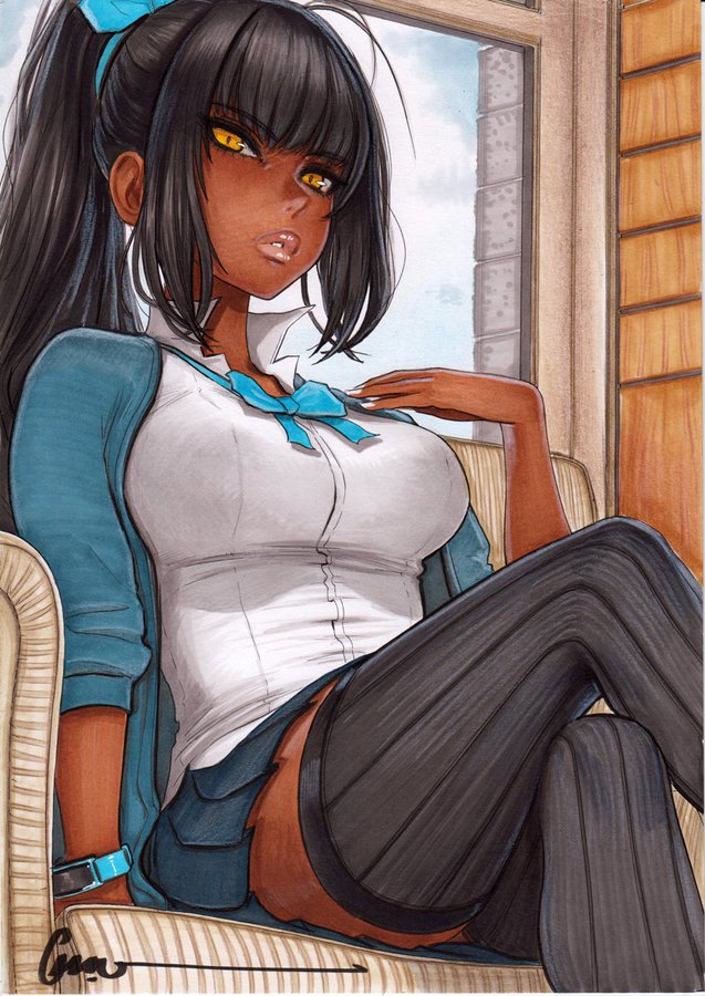 black_hair dark-skinned_female dark_skin glossy_lips indoors karin_(blue_archive) medium_breasts omar_dogan ponytail popped_collar school_uniform sitting thighhighs thighs watch yellow_eyes