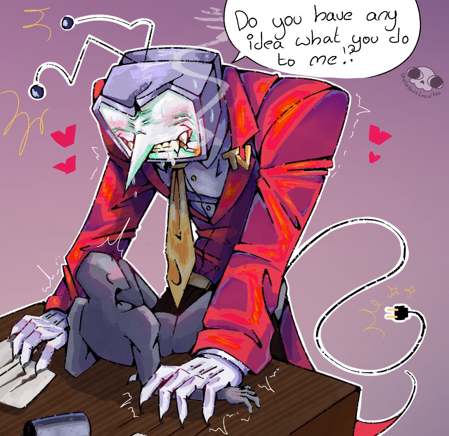 2d, 2d (artwork), ambiguous gender, antennae, aroused, aroused face, baring teeth, belt, belt buckle, bent over, bent over desk, blush, blushing at partner, blushing male, button down shirt, cigarette, cigarette in mouth, clenched teeth, clothed, clothed male, collared shirt, color, colored, crt, deltarune, deltarune chapter 3, desk, dialogue, digital media (artwork), dominant, dominant male, domination, drooling, electric plug, english dialogue, english text, fangs, frustrated, gloves, grey skin, hand on desk, holding down, horny, horny male, humanoid, humanoid male, imminent sex, impact lines, lapel pin, looking down, looking down at another, looking down at partner, looking up, looking up at another, looking up at partner, looming, looming over, male, motion lines, necktie, no eyes, non-human, object head, object in mouth, on desk, part of a set, parted lips, pent up, pinned, pinned down, pinned to desk, pinning down, plug tail, pointy nose, power cord, power imbalance, red suit, red suit jacket, scratch marks, scratching, self insert, shaking, sharp fingernails, sharp nails, sharp teeth, shirt, size difference, skeletonslewd, smoke, smoking, smoking cigarette, speech bubble, spread legs, standing, suit, suit and tie, suit jacket, sweat, sweating, sweating male, sweaty, tail, taller male, television, tenna (deltarune), text, tv, tv head, tv screen, video game character, video games, white gloves, white shirt, yellow necktie