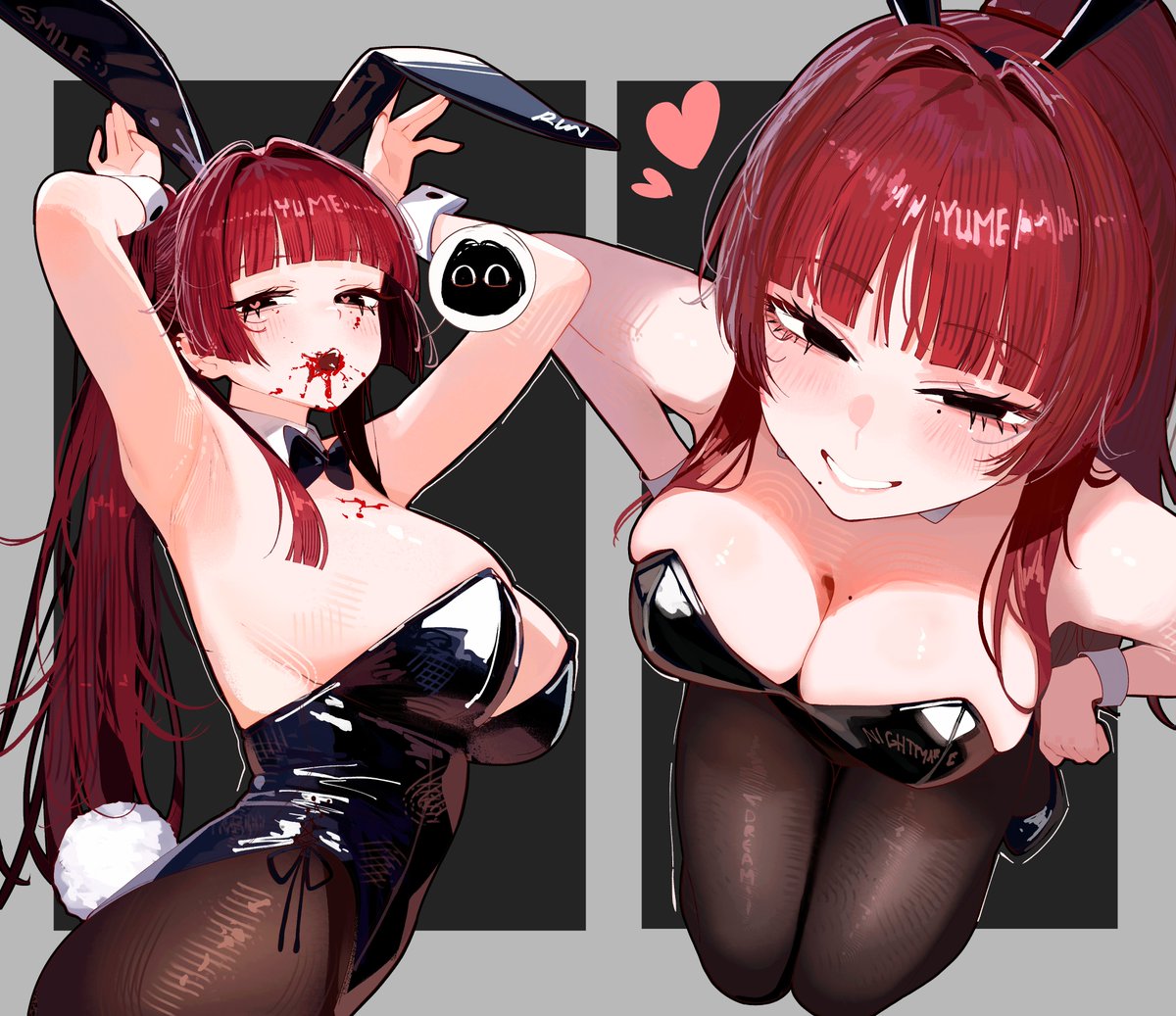 1girls animal_ears armpits black_eyes black_leotard blood blood_on_chest blood_on_face blood_on_mouth blunt_bangs bow bowtie breasts detached_collar fake_animal_ears fake_tail fishnets heart heart-shaped_pupils highleg highleg_leotard large_breasts leotard long_hair looking_up mole mole_on_breast mole_under_eye mole_under_mouth ms._tsu multiple_views original pantyhose playboy_bunny rabbit_ears rabbit_pose rabbit_tail red_hair smile speech_bubble strapless strapless_leotard symbol-shaped_pupils tail wrist_cuffs yume_(ms._tsu)