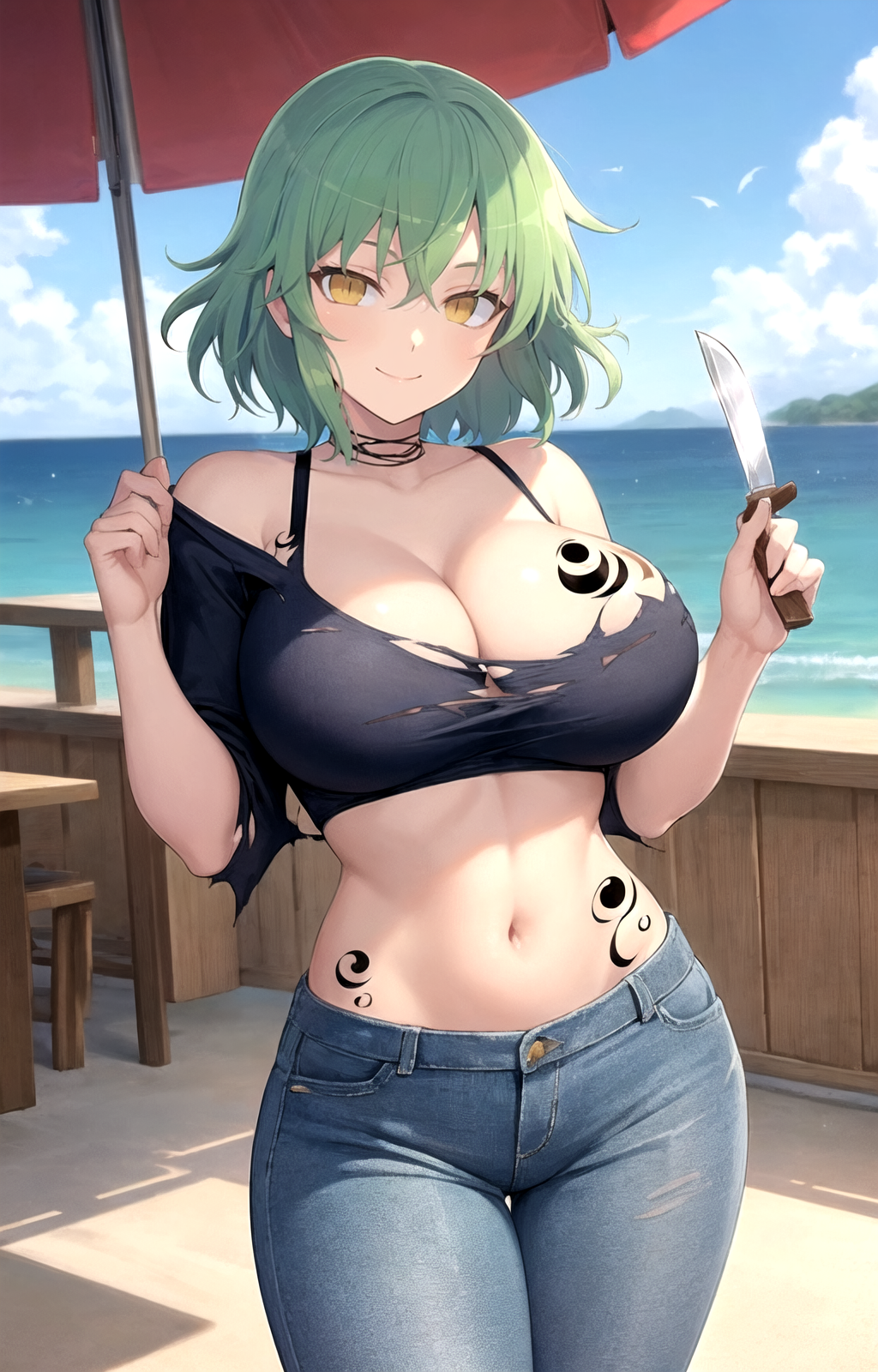 1girl ai_generated bare_shoulders beach beach_umbrella black_choker black_shirt blue_pants blue_sky blush bra_strap breast_tattoo breasts choker cleavage closed_mouth cloud collarbone cowboy_shot crop_top day denim female green_hair hair_between_eyes hands_up hikage_(senran_kagura) holding holding_knife holding_umbrella horizon huge_breasts jeans knife large_breasts linea_alba looking_at_viewer midriff navel ocean off-shoulder_shirt off_shoulder outdoors pants pixiv rena_aikawa_(pixiv_user) sand senran_kagura senran_kagura_(series) shirt shore short_hair short_sleeves sky slit_pupils smile solo stable_diffusion standing stomach tagme tattoo thigh_gap thighs torn_clothes torn_jeans torn_pants torn_shirt umbrella water weapon yellow_eyes