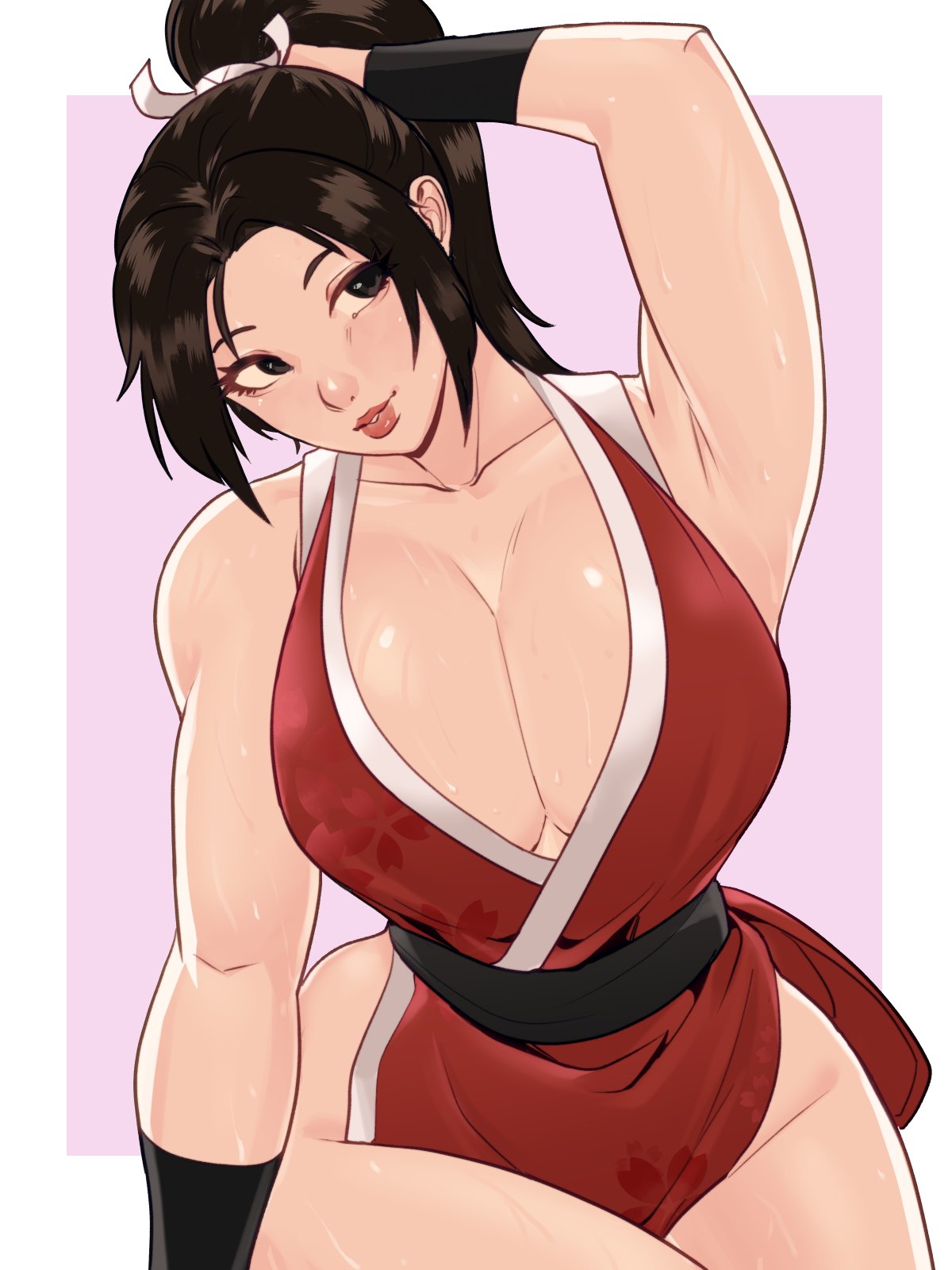 1girls, arm behind head, arm up, armpits, breasts, cleavage, curvy, fatal fury, female, fit female, head tilt, high ponytail, highres, hourglass figure, huge breasts, human, human female, japanese clothes, king of fighters, large breasts, light-skinned female, lips, long hair, looking at viewer, mai shiranui, ninja, no bra, parted bangs, parted lips, ponytail, skullworms, sleeveless, slim waist, smile, solo, street fighter, street fighter 6, sweat, thick thighs, thighs, toned, wide hips