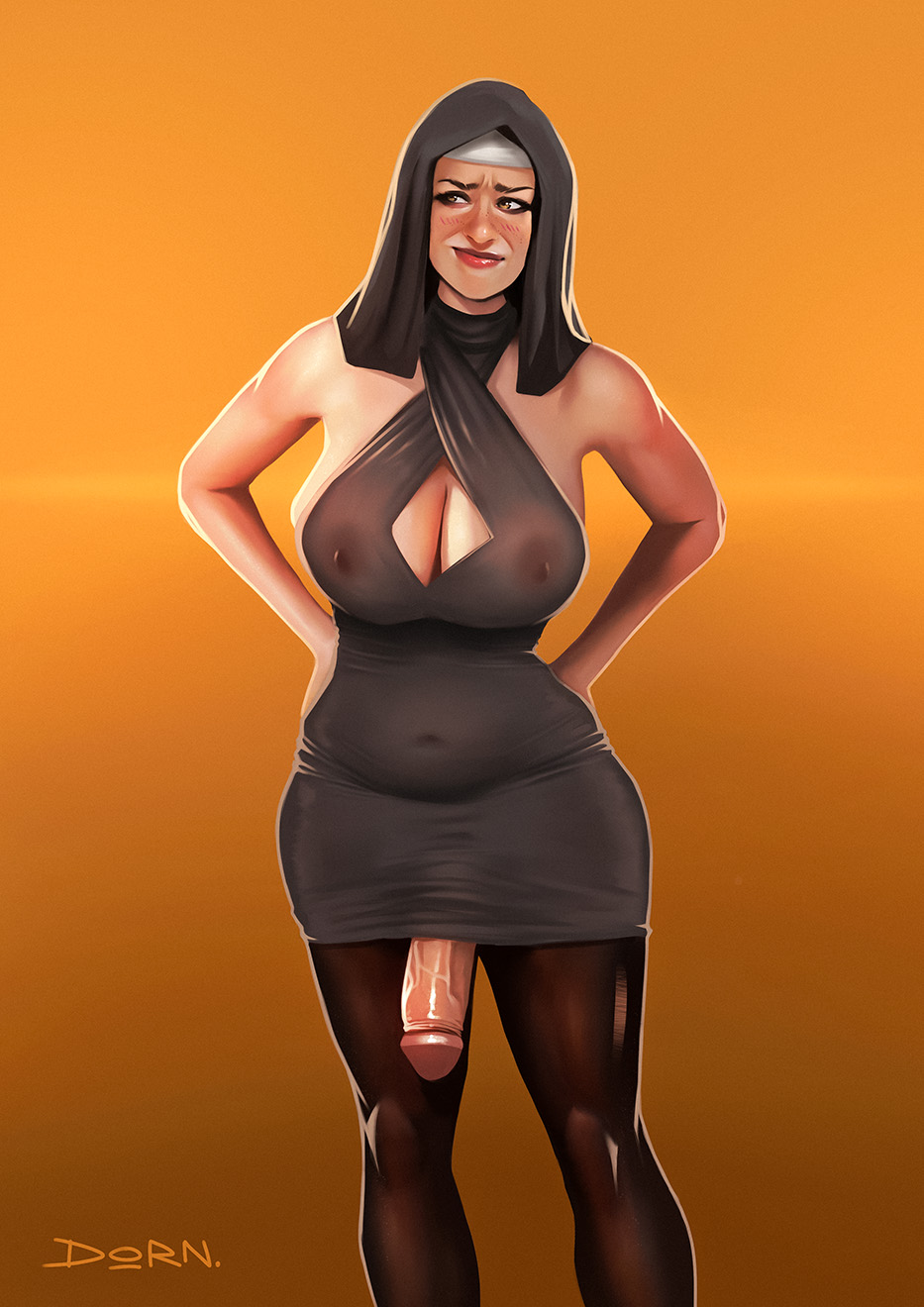 1futa, 1girls, 2024, 2d, amber eyes, areolae, bare shoulders, big breasts, big penis, black dress, black stockings, blush, blush lines, breasts, catholic, christianity, cleavage, cleavage cutout, curvy, curvy body, curvy female, curvy figure, dorndraws, dress, embarrassed female, embarrassed futa, embarrassed nude female, embarrassed nude futa, exposed penis, female, flaccid, flaccid penis, foreskin, front view, fully retracted foreskin, functionally nude, functionally nude female, functionally nude futa, futa only, futanari, glans, hands on hips, hesitant, hourglass figure, hourglass figured female, hourglass figured futa, human, ineffective clothing, ineffective skirt, innocent, intersex, looking away, mostly clothed, mostly clothed female, mostly clothed futa, naive, navel, navel visible through clothes, nervous, nervous face, nervous smile, nipple bulge, nipples, nipples visible through clothing, no bra, nun, nun hat, nun outfit, nun's habit, oc, orange background, original, original character, partially clothed, partially clothed female, partially clothed futa, penis, penis out, penis tip, penis under clothes, penis under dress, penis under skirt, practically nude, reluctant, retracted foreskin, revealing clothes, shy, simple background, slightly chubby, slim waist, solo, solo female, solo focus, solo futa, standing, stockings, tricked, uncircumcised, uncut, unprofessional behavior, useless clothing, veil, vein, veins, veiny penis, voluptuous, voluptuous body, voluptuous female, voluptuous futa, wide hips, wimple