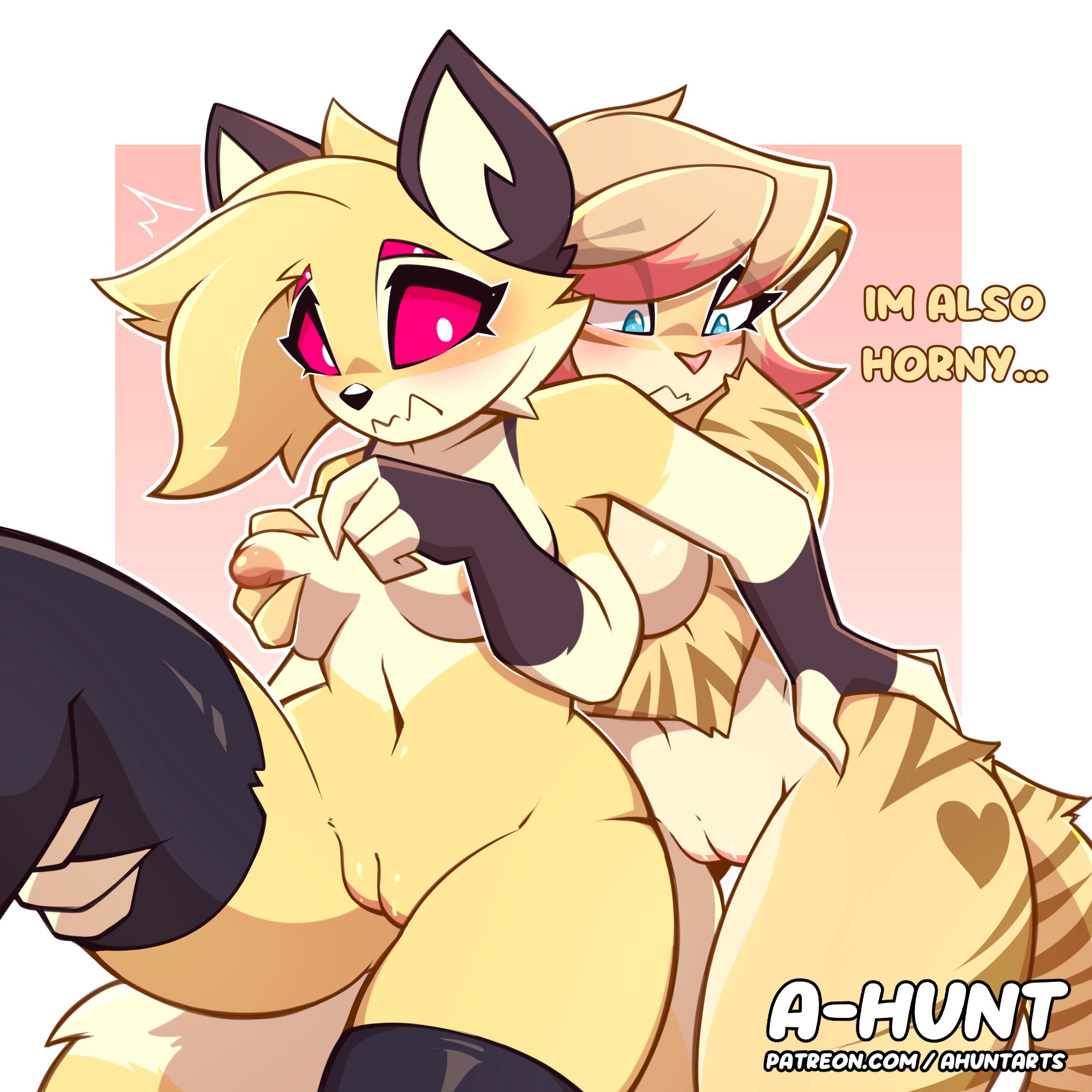 1girls, 2girls, a-hunt, ahunt, ahuntarts, areolae, belly, big breasts, big ears, breasts, cute, embarrassed, embarrassed female, embarrassed nude female, enf, english text, female, furry, furry only, furry tail, horny, multi arm, multi limb, nipples, pink sclera, pussy, pussy slit, spixen (a-hunt), tear, thick thighs, thighs, white body, white eyes