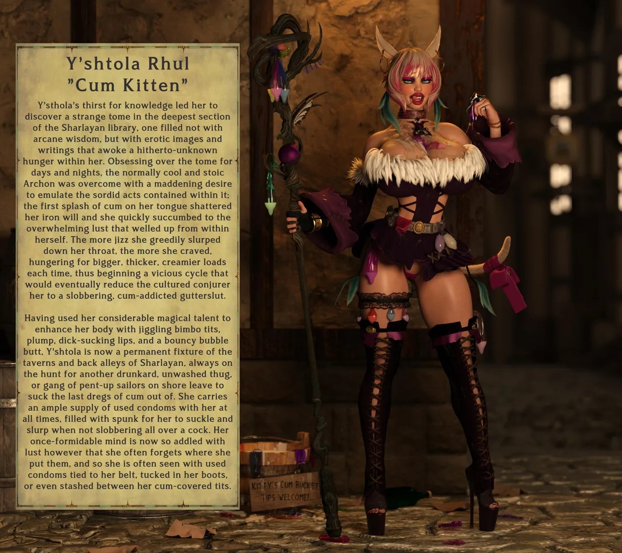 1girls, after paizuri, alley, big breasts, bimbo, bimbo body, bimbo lips, bimbofication, bimbofied, breasts, cum, cum bucket, cum in container, cum on breasts, english, english text, female, fiddlestix 3dx (artist), final fantasy, final fantasy xiv, free use, high heels, imminent sex, inviting to sex, licking lips, miqo'te, outdoors, platform heels, prostitution, slut collar, tagme, used condom, y'shtola