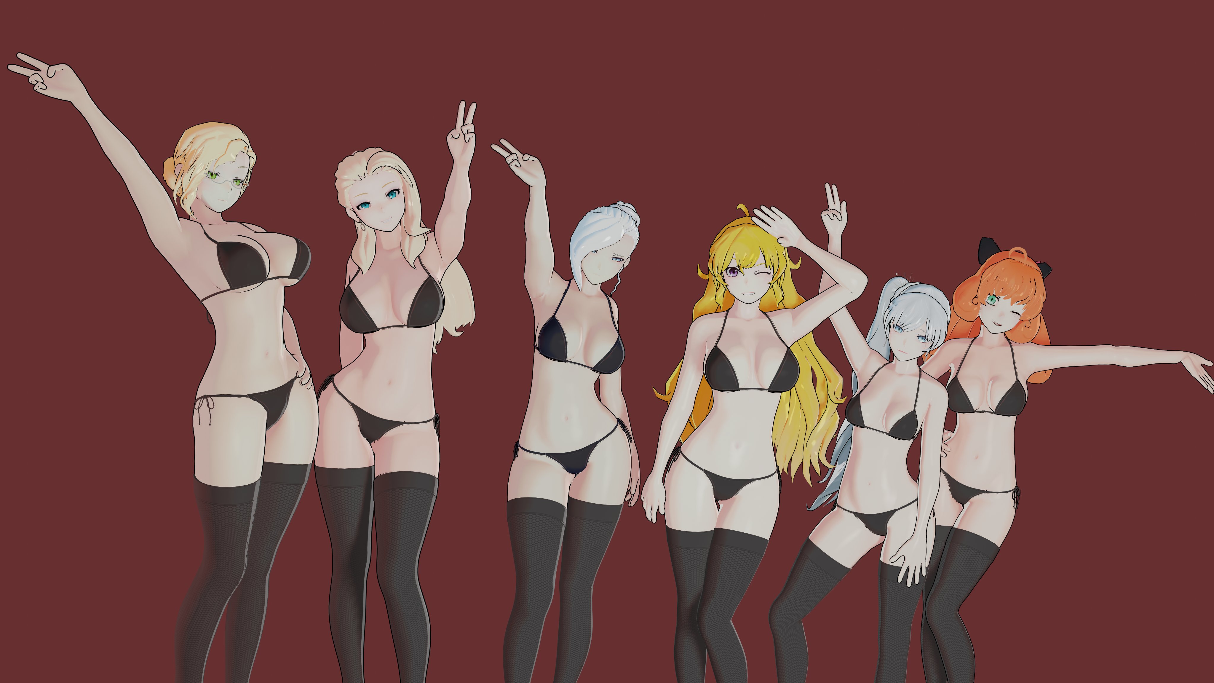 3d, bikini, blender, blonde hair, blue eyes, female, female only, ginger hair, glasses, glynda goodwitch, green eyes, mature, mature female, mr.perrozuela, multiple girls, peace sign, penny polendina, rwby, salem (rwby), thighhighs, weiss schnee, white hair, winter schnee, yang xiao long, younger female