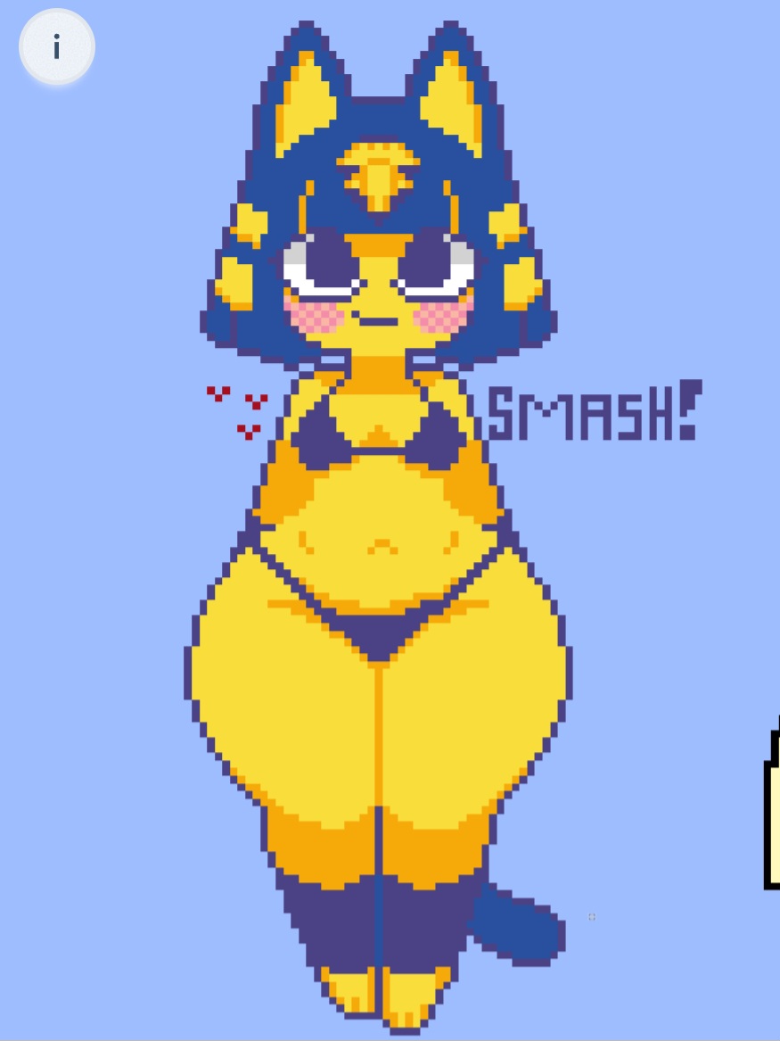 1girls, animal crossing, ankha, ankha (animal crossing), ass, bikini, blue bikini, blue clothes, blue eyes, egyptian, egyptian clothes, egyptian female, female, looking at viewer, nintendo, petite body, pixel art, sexy, standing, thick legs, thick thighs, wide hips, wplace, yellow body, yellow skin