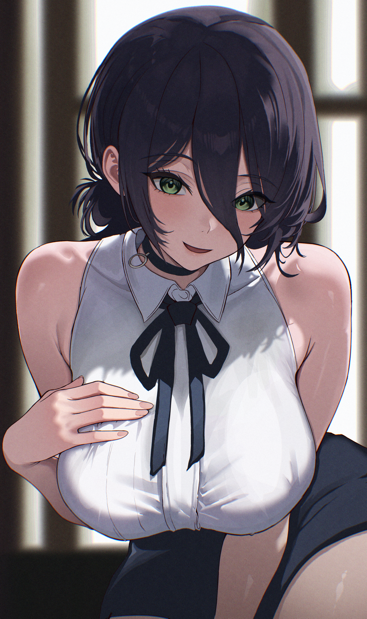 1girls, black ribbon, black skirt, blurry, blurry background, blush, breasts, chainsaw man, commentary request, female, female only, fingernails, green eyes, hair between eyes, highres, large breasts, long hair between eyes, looking at viewer, neck ribbon, ni tamago sando, open mouth, reze (chainsaw man), ribbon, shirt, skirt, sleeveless, sleeveless shirt, smile, solo