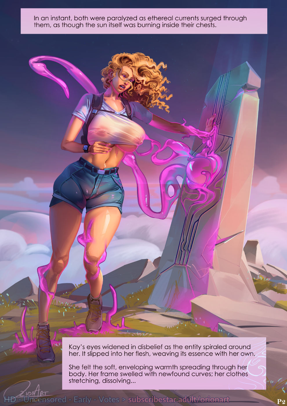 blonde hair, body modification, corruption, curly hair, english text, expansion, orionart, sky, slime, transformation