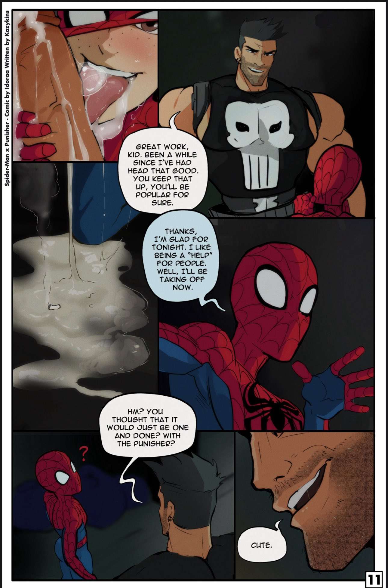 2boys, bara, big dom small sub, blowjob, cum, cum in mouth, cum on face, cum on floor, dripping, dripping cum, ear piercing, facial hair, gay, idoraad, lilprincyvi, male, male only, marvel, marvel comics, mask, masked male, muscular, muscular male, older dom younger sub, oral, oral sex, penis, punisher (francis castle), punisher (marvel comics), spider-man, spider-man (series), stubble, veiny penis, yaoi
