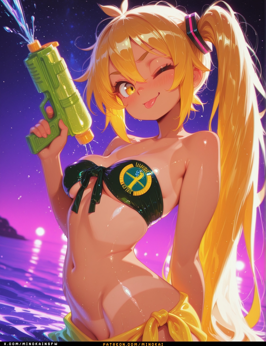 :p, ai generated, akita neru, bare pussy, bikini top, blonde hair, breasts, female, long hair, medium breasts, minokai, pelvic line, pelvis, pussy, sarong, self upload, side ponytail, squirt gun, tan body, tanline, vocaloid, winking at viewer