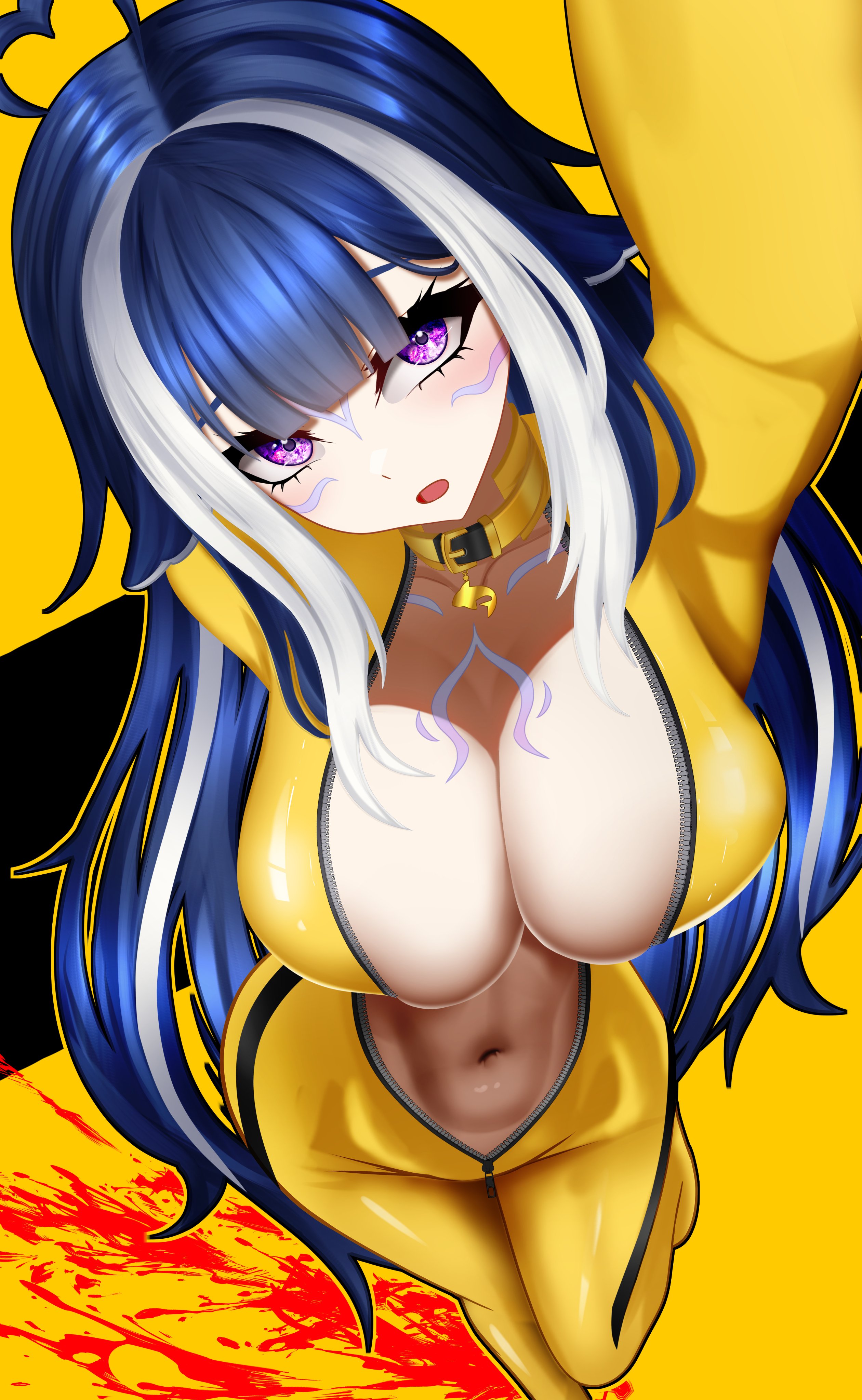 1girls, absurdres, ahoge, belt, belt collar, black hair, blood, blood splatter, body markings, bodysuit, breasts, bruce lee's jumpsuit, collar, collarbone, eyelashes, facial mark, female, from above, heart, heart ahoge, highres, indie virtual youtuber, kabedon on viewer, large breasts, light skin, light-skinned female, long hair, multicolored hair, n4hkz, navel, open mouth, purple eyes, shylily, shylily (kill lil), solo, streaked hair, unzipped, virtual youtuber, white hair, yellow background, yellow belt, yellow bodysuit
