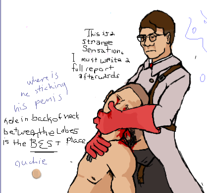 2boys armpit_hair blood blood_on_penis body_hair brown_hair color colored doctor fully_clothed gay glasses gore guro male male_only male_ryona medic medic_(team_fortress_2) multiple_boys neck_fucking necrophilia nude penetration scout scout_(team_fortress_2) speech speech_bubble talking team_fortress_2 text white_background wound_fucking wound_penetration yaoi