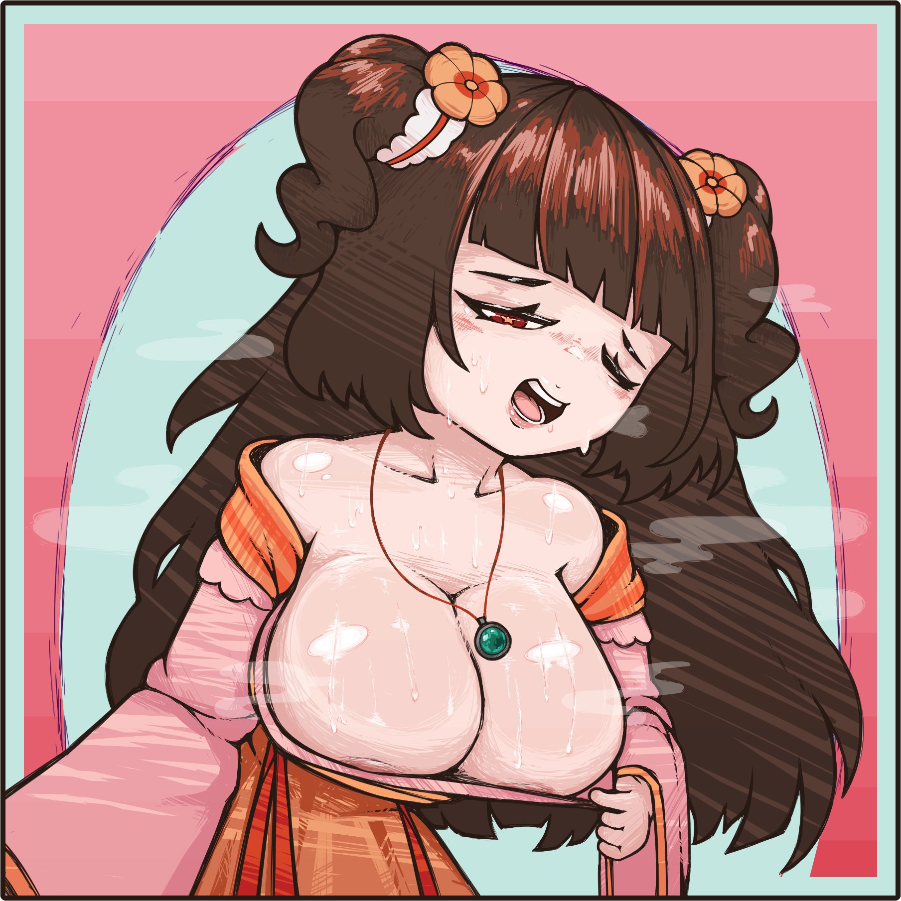 1girls, areola slip, big breasts, blush, breasts, brown eyes, brown hair, female, hair ornament, limbus company, long hair, looking at viewer, necklace, one eye closed, open mouth, partially clothed, pixxel panda, presenting, project moon, smile, sweat, unusual pupils, wink, xue baochai