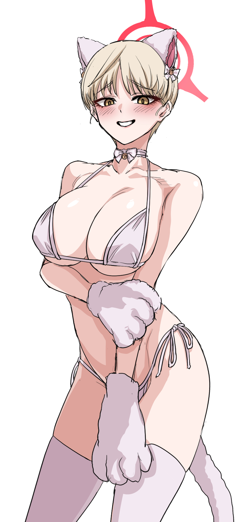animal ears, arm at side, arm under breasts, bikini, blonde hair, blue archive, blush, breasts, cat ears, cat tail, collarbone, dot nose, embarrassed, fake animal ears, fake tail, feet out of frame, female, female focus, gloves, grin, halo, hand on own arm, kimleon, large breasts, looking at viewer, marina (blue archive), matching hair/eyes, nervous, nervous smile, paw gloves, red halo, short hair, simple background, smile, solo, standing, swimsuit, tail, thighhighs, tomboy, variant set, very short hair, white background, white bikini, white gloves, white thighhighs, yellow eyes