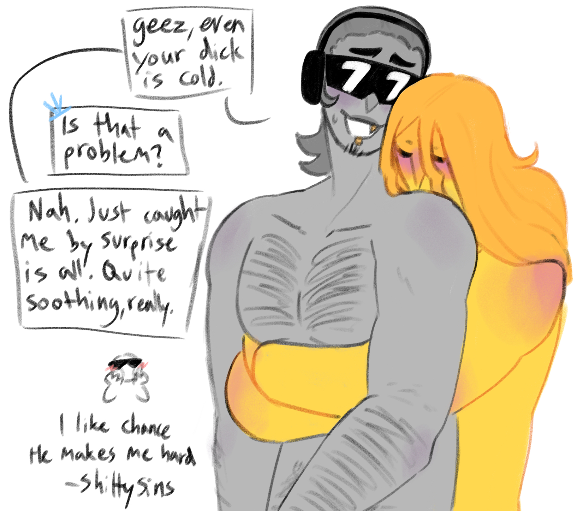 chance (forsaken), drawing, english text, forsaken (roblox), gold tooth, grey body, hair, hairy, hairy arms, hairy chest, headphones, itrapped, itrapped (forsaken), long hair, male, male only, male/male, may madness 2012, naked, roblox, roblox game, robloxian, self upload, shittysins, sunglasses, text, yellow body, yellow hair