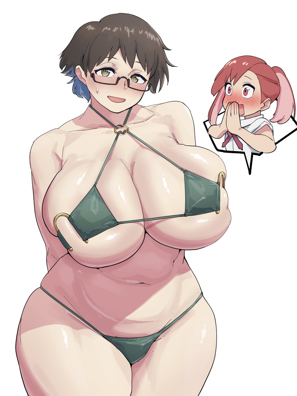 2girls, bikini, blush, breasts, brown hair, curvy, female, glasses, green bikini, highres, huge breasts, imari youko, looking at viewer, multiple females, multiple girls, navel, plump, qaz shibashi, red eyes, red hair, ruri no houseki, seto shouko, short hair, simple background, stomach, swimsuit, thick thighs, thighs, white background, wide hips