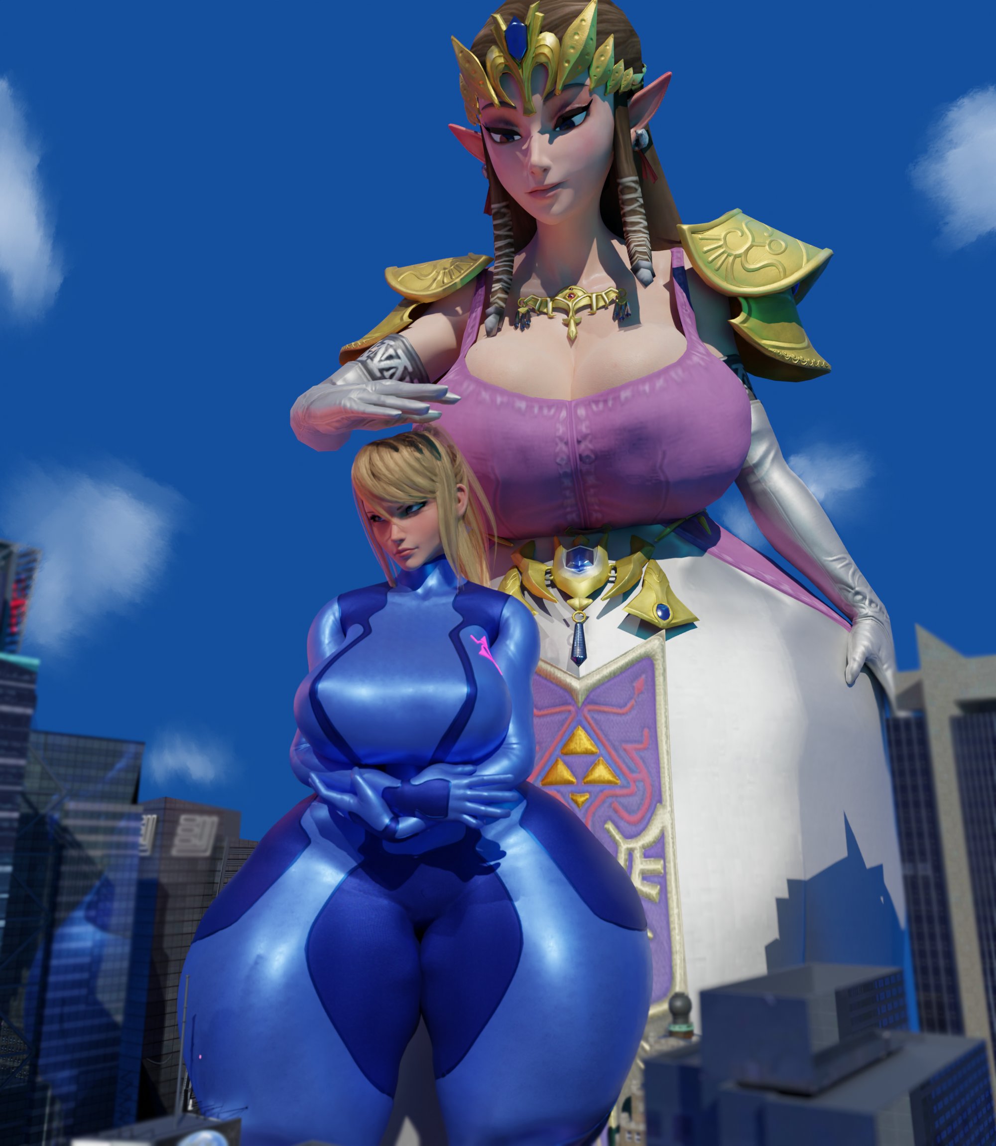 2girls, 3d, bigger female, blonde hair, blue eyes, breasts, brown hair, company connection, crossover, duo, female, female only, giantess, goddess, huckleberry8181, metroid, nintendo, princess zelda, princess zelda (scrag boy), samus aran, scrag boy (model), scrag boy (style), scrag samus, size difference, smug, smug face, the legend of zelda, thick, thick ass, thick legs, thick thighs, twilight princess, zelda (twilight princess), zero suit samus