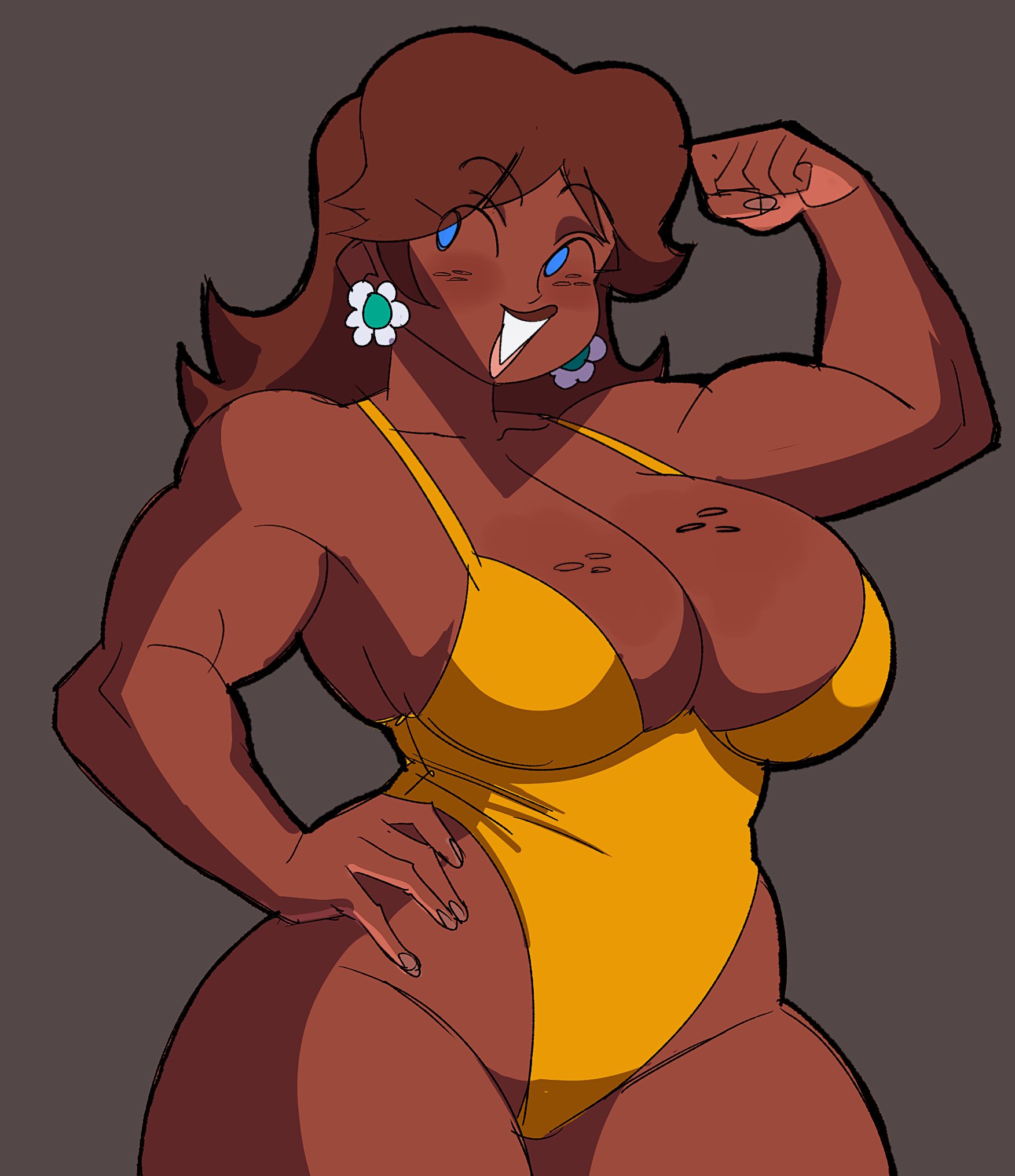 1girls, artiah669, basic background, bicep curl, big breasts, blue eyes, breasts, brown hair, dark-skinned female, female, female only, fleshpie669, flexing, flexing bicep, freckles on breasts, hand on hip, mario (series), muscular, muscular female, open mouth, princess daisy, super mario bros., swimsuit, yellow clothing