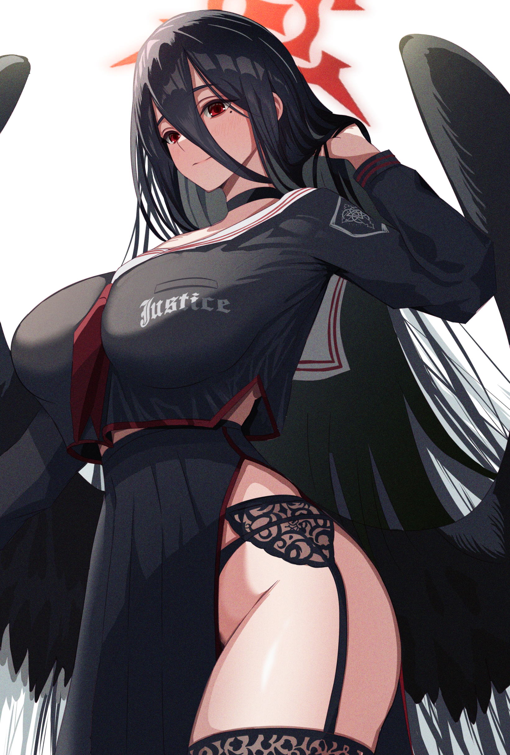 absurdres, black choker, black feathers, black garter belt, black hair, black panties, black serafuku, black wings, blue archive, breasts, choker, closed mouth, feathers, female, female only, garter belt, hair between eyes, halo, hand in own hair, hasumi (blue archive), highres, large breasts, long bangs, long hair, low wings, mole, mole under eye, neckerchief, ni tamago sando, oversized wings, panties, pleated skirt, red eyes, red halo, red neckerchief, sailor collar, school uniform, serafuku, side slit, skirt, solo, thighs, underwear, very long hair, wings
