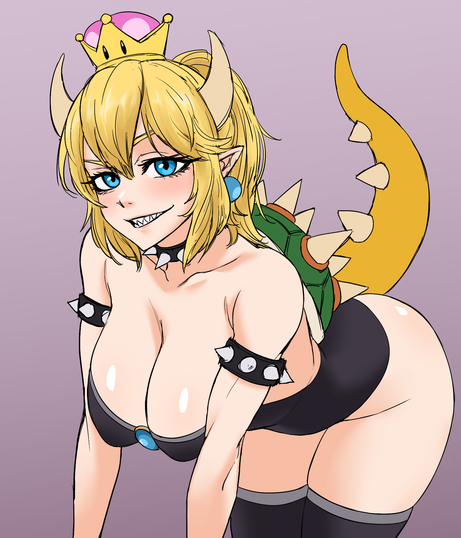 all fours, armlet, bare hips, bare shoulders, black boots, black collar, black leotard, blonde hair, blue eyes, boots, bowsette, breasts, cleavage, collar, collarbone, crown, dragon girl, dragon horns, dragon tail, earrings, eyelashes, female, female focus, grin, horns, jewelry, kimleon, large breasts, leotard, long hair, looking at viewer, nintendo, pointy ears, ponytail, purple eyes, sharp teeth, shell, simple background, smile, solo, spiked armlet, spiked collar, spiked shell, spikes, strapless, strapless leotard, tail, teeth, thigh boots