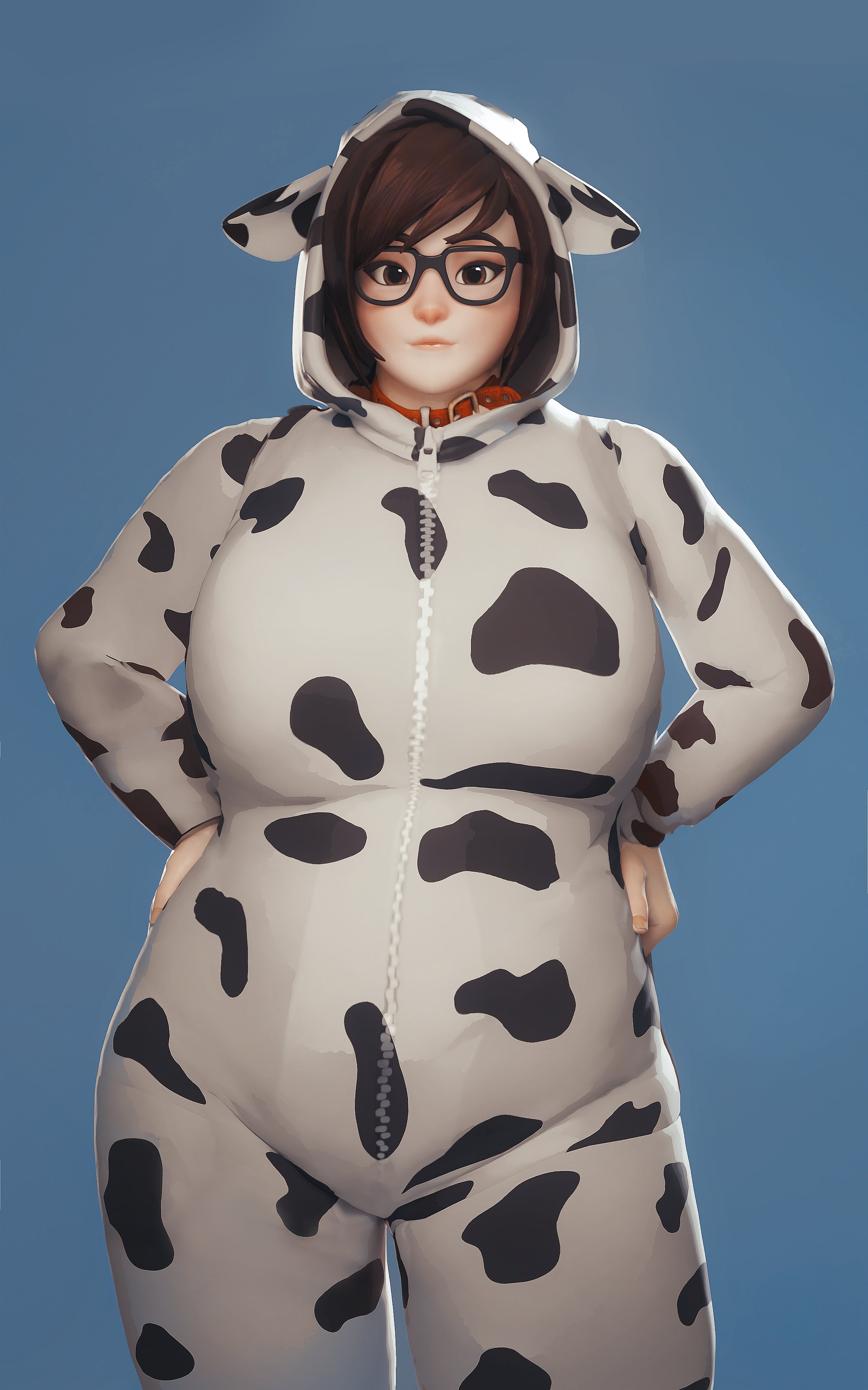 1girls, 3d, 3d (artwork), asian, asian female, big breasts, blizzard entertainment, breasts, brown hair, child bearing hips, clothed female, clothing, cow print, curvaceous, curvaceous female, curvy female, curvy hips, female, female only, front view, fugtrup, glasses, huge ass, huge breasts, kigurumi, large ass, large breasts, light skin, light-skinned female, looking at viewer, mei (overwatch), onesie, overwatch, pale skin, pale-skinned female, short hair, solo, solo female, solo focus, standing, thick thighs, tied hair, tight clothes, tight clothing, tight fit, video game, video game character, video game franchise, voluptuous, wide hips
