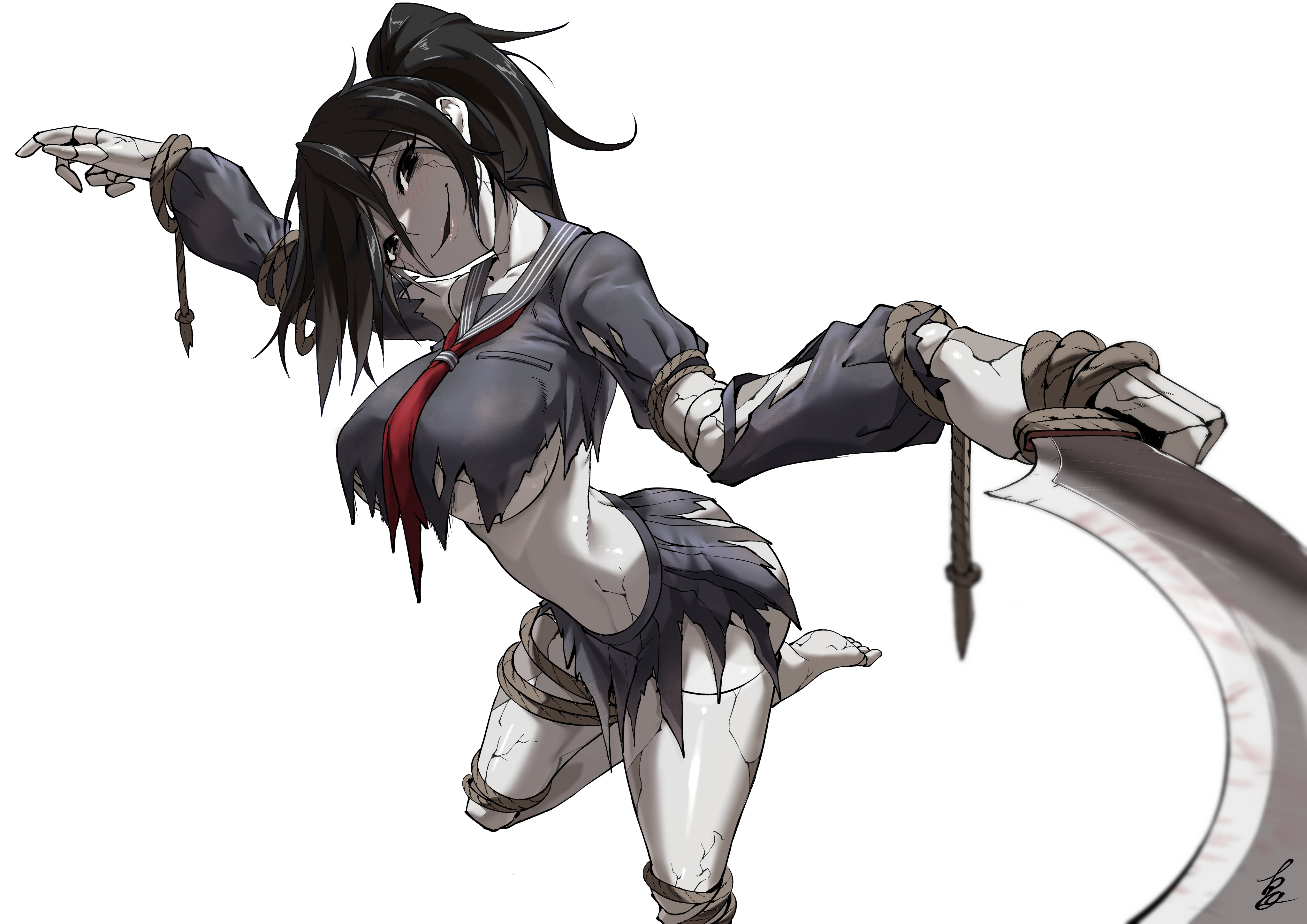 ayakakashi, black hair, breasts, creepy, creepy smile, female, female focus, female only, holding, holding knife, holding object, holding weapon, knife, large breasts, looking at viewer, monster, monster girl, ponytail, rope, rope harness, sailor collar, sailor uniform, scarecrow, school uniform, schoolgirl, schoolgirl uniform, silent hill, silent hill f, smile, thick, thick ass, thick thighs, thighhighs, thighs, torahime, torn clothes, torn clothing, torn skirt, underboob, uniform, weapon, white background