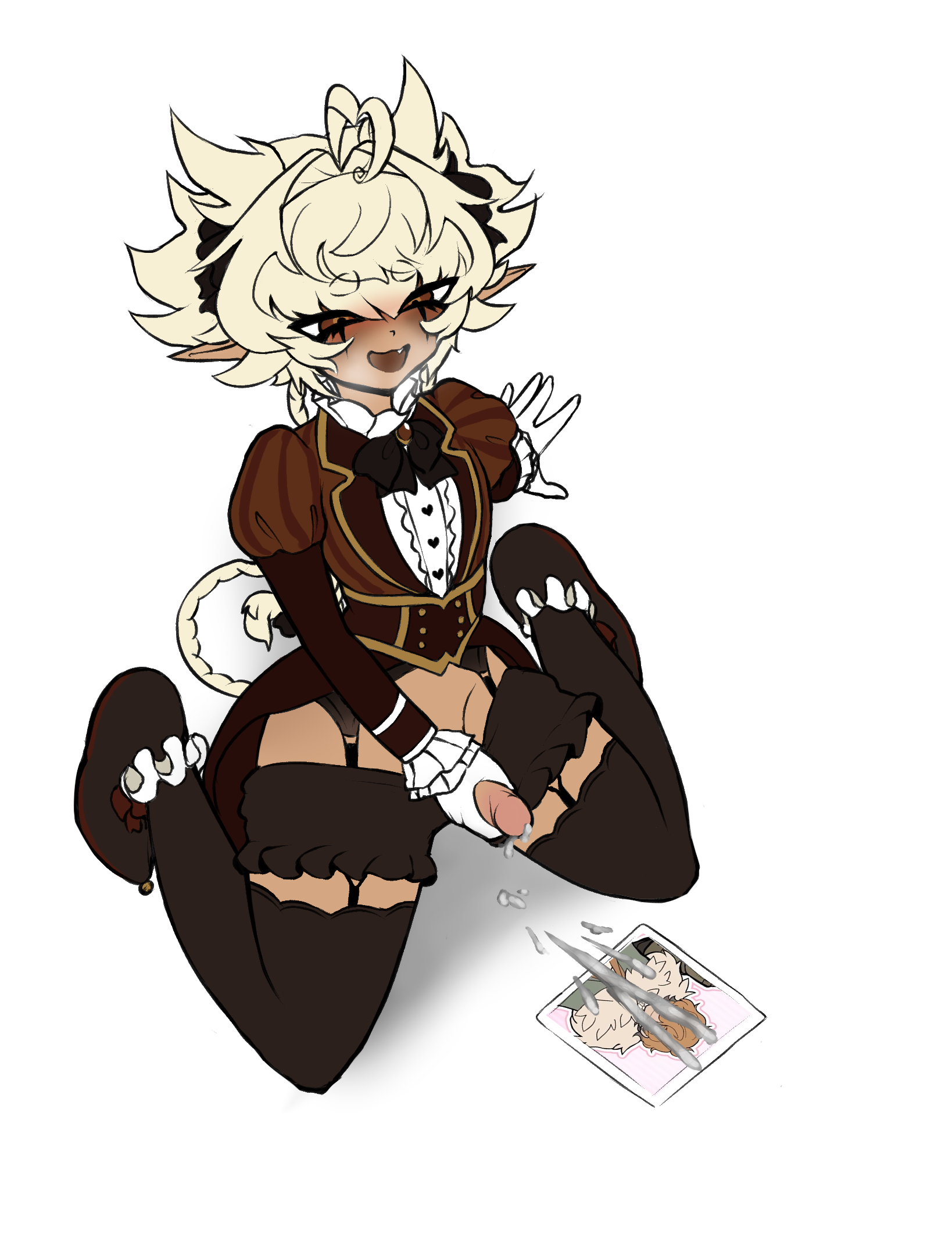 1boy, aquilavita (artist), clothes, cum, cum on penis, cum on picture, cum tribute, dark skin, dark-skinned femboy, dark-skinned male, dark-skinned sub, femboy, gay, high resolution, highres, horny, horny male, liar (sh4rkle), light skin, male only, masturbating, on knees, panties removed, steamy, steamy breath, tagme