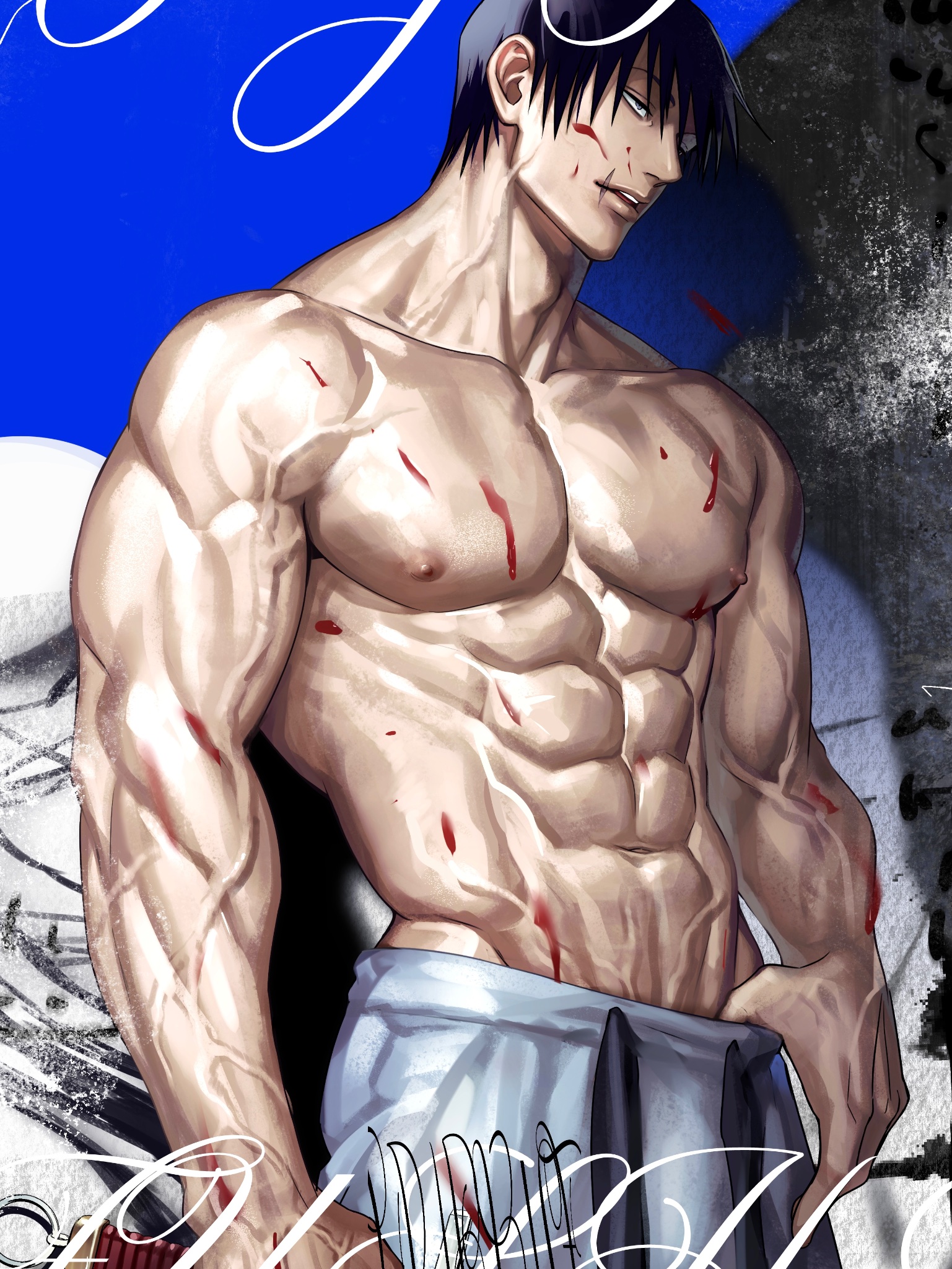 ameamezou, bara, gay, jujutsu kaisen, male, male focus, male only, muscles, muscular, muscular male, toji fushiguro, yaoi