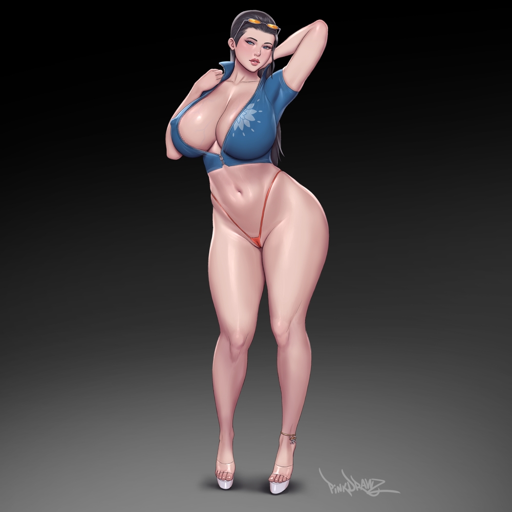 1girls, anklet, arm behind head, big breasts, bikini bottom, bimbo, black hair, blue eyes, blue shirt, breasts, busty, cameltoe, cleavage, crop top, curvaceous, eyewear on head, feet, female, female focus, female only, fit, fit female, foot fetish, french nails, high heels, hourglass figure, human, large breasts, light skin, light-skinned female, long hair, mature female, navel, nico robin, nipple bulge, one piece, parted lips, pinkdrawz, pinup, post-timeskip, seductive, seductive eyes, simple background, slim waist, solo, standing, stripper heels, thick ass, thick thighs, thong, unzipped, unzipped jacket, voluptuous, voluptuous female, wide hips, zipper down