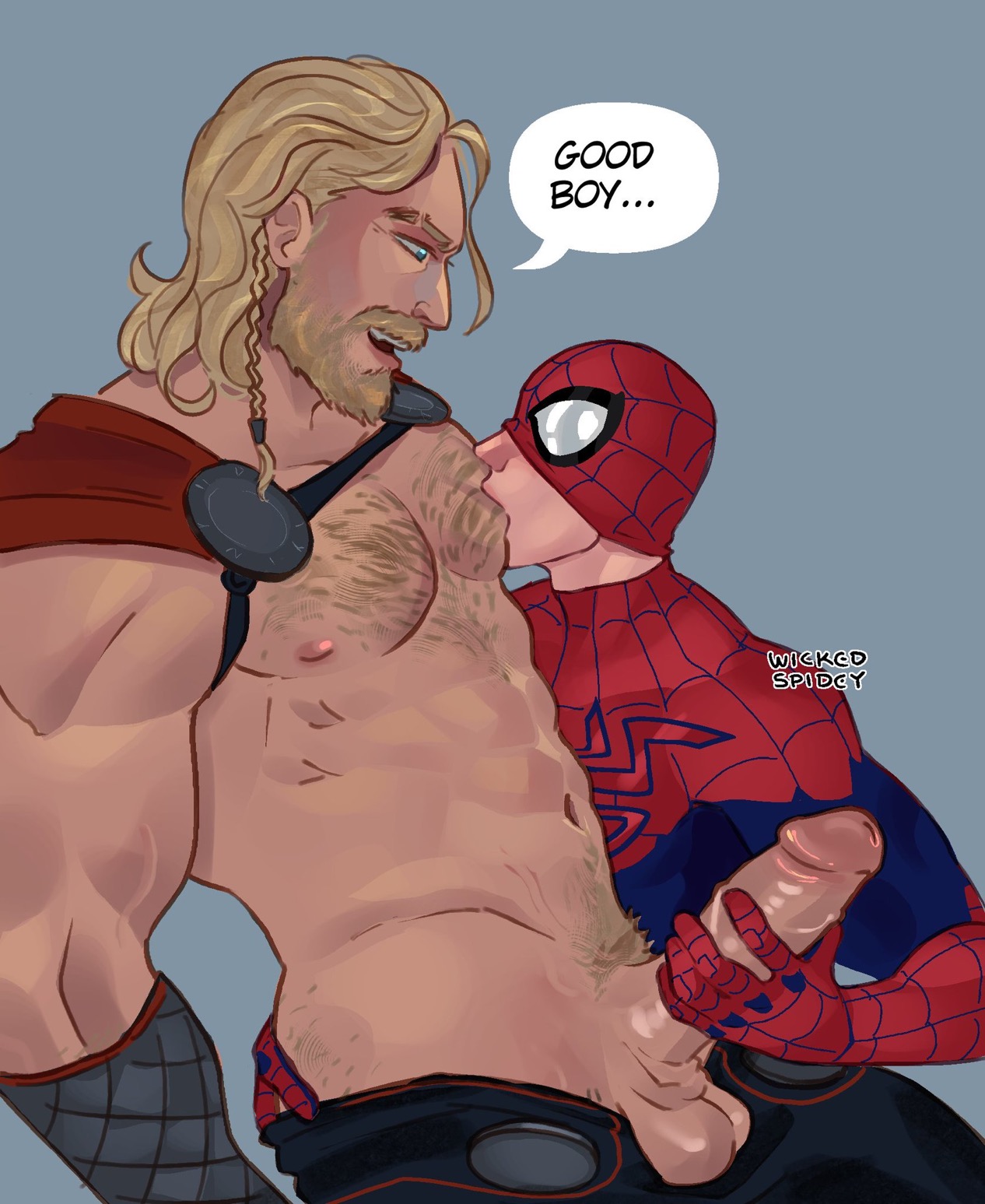 2d, abs, armor, ass grab, balls, ballsack, bara, beard, biceps, big dom small sub, big penis, blonde hair, blue eyes, cape, deltoids, gay, gay male, hair, hairy ass, hairy chest, jerking, jerking off, jerkingoff another, long hair, looking at another, looking pleasured, male, male only, male/male, marvel, marvel comics, marvel rivals, mask, masked, masked male, masturbation, muscle worship, muscles, nipple play, nipple suck, nipples, pecs, penis, peter parker, spider-man, sucking nipples, text, text bubble, thor (marvel), triceps, wicked spidey, yaoi