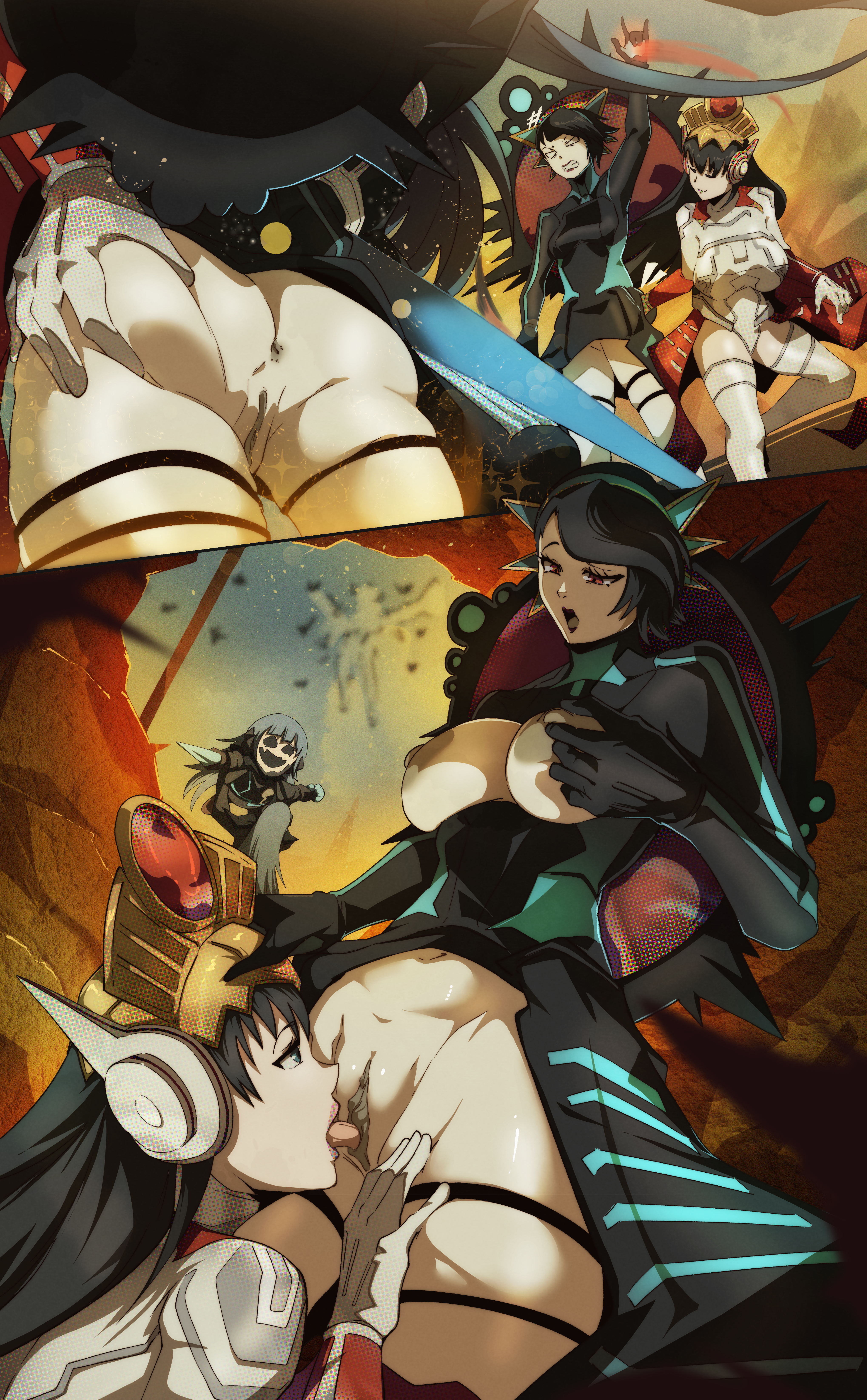 2boys, 2girls, ass, ass grab, big ass, big breasts, black hair, breasts, clothing, cunnilingus, female, female focus, group, hiromine yoko, hiromine yoko (panagia), isonokami tao, isonokami tao (panagia), large breasts, long hair, lucifer (megami tensei), male, megami tensei, multiple boys, multiple females, multiple girls, multiple males, nahobeeho, nipples, oral, pale skin, pale-skinned female, pinkseito, pussy, red eyes, shin megami tensei, shin megami tensei v, shin megami tensei v: vengeance, short hair, source request, spoilers, yuri