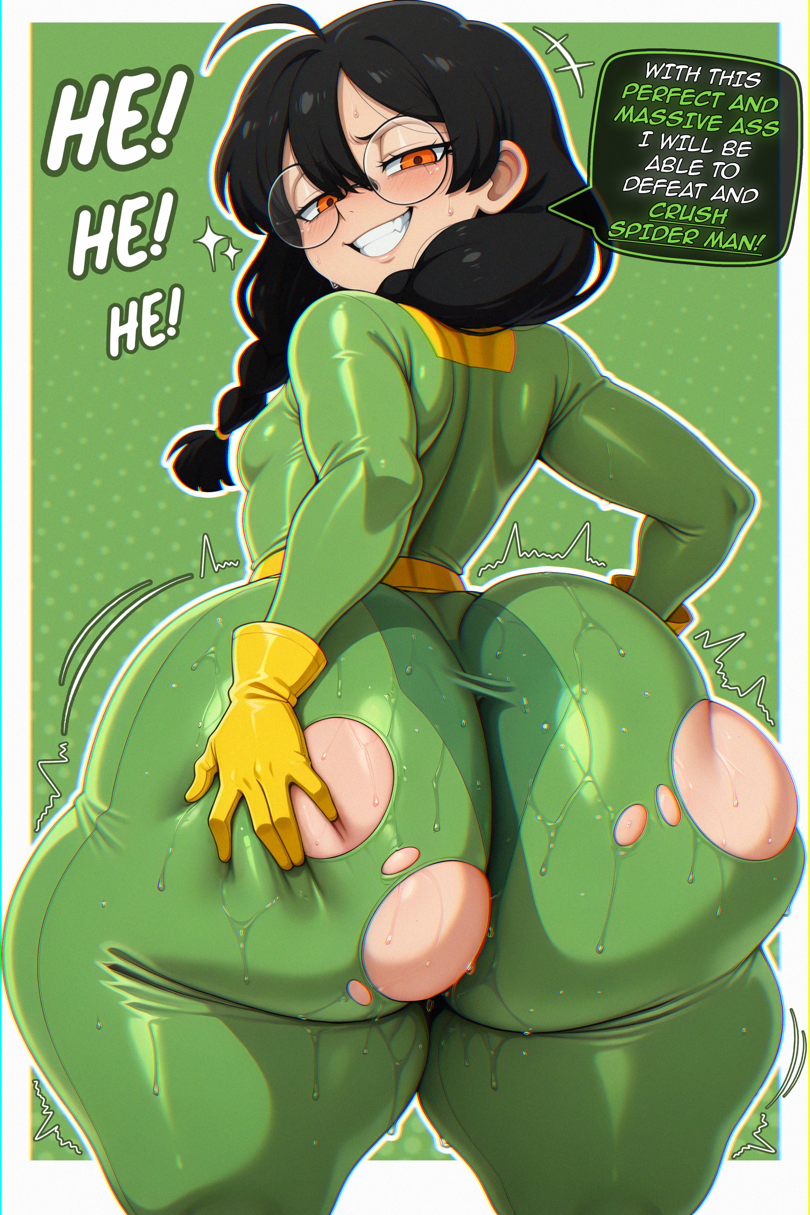 1girls, 2025, ai generated, big ass, black hair, blush, bodysuit, bubble butt, child bearing hips, dat ass, dialogue, dumptruck ass, el memc, excessive sweat, fat ass, female, female only, glasses, grabbing, grabbing ass, grabbing own ass, horny, horny female, huge ass, imminent rape, imminent sex, looking at viewer, looking pleasured, marvel, marvel comics, memch0, musk, musk clouds, okutamiya otoha, orange eyes, posing, posing for the viewer, ripped clothing, small breasts, spider-man (series), spider-man: octo-girl, sweat, sweatdrop, sweating, sweaty, text, thick thighs, thunder thighs, tight bodysuit, tight clothing, torn clothes, torn clothing