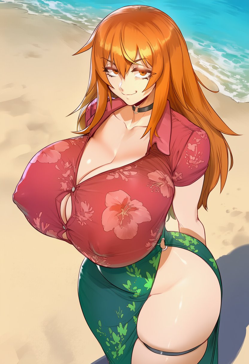 1girls, ai generated, beach, big breasts, breasts, clothed, clothing, female, gamo-chan, looking at viewer, looking up, no bra, no panties, please don't bully me, nagatoro, solo, solo female, viewed from above, yuri vixenai