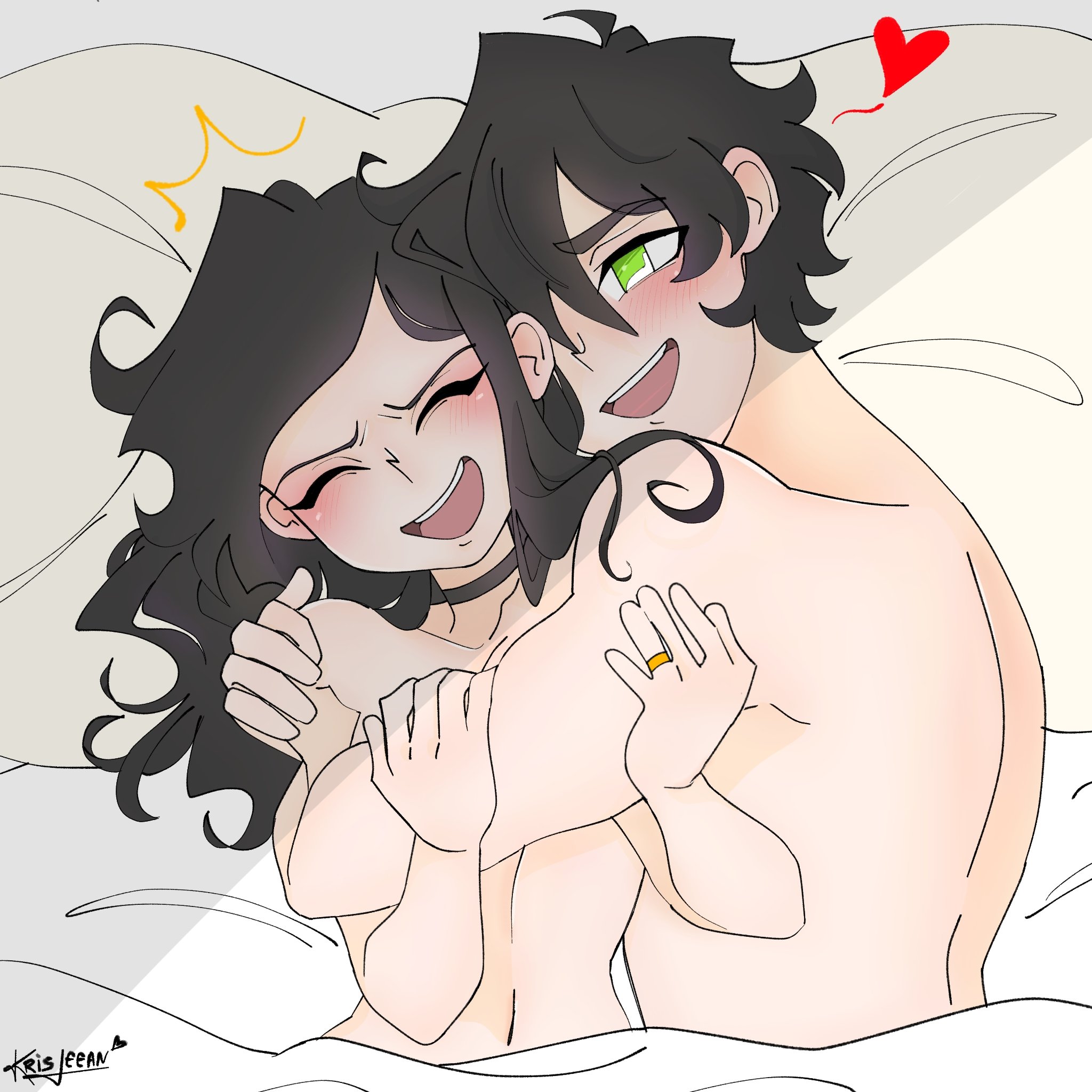 1boy, 1girls, 2d, andrew graves, ashley graves, bed, black hair, blush, brother and sister, choker, closed eyes, couple, cuddling, embrace, female, green eyes, happy, heart, hug, hugging, incest, krisleean, laugh, laughing, lying on bed, male, male and female focus, married couple, nude, ring, romantic, romantic incest, siblings, straight, the coffin of andy and leyley, wholesome