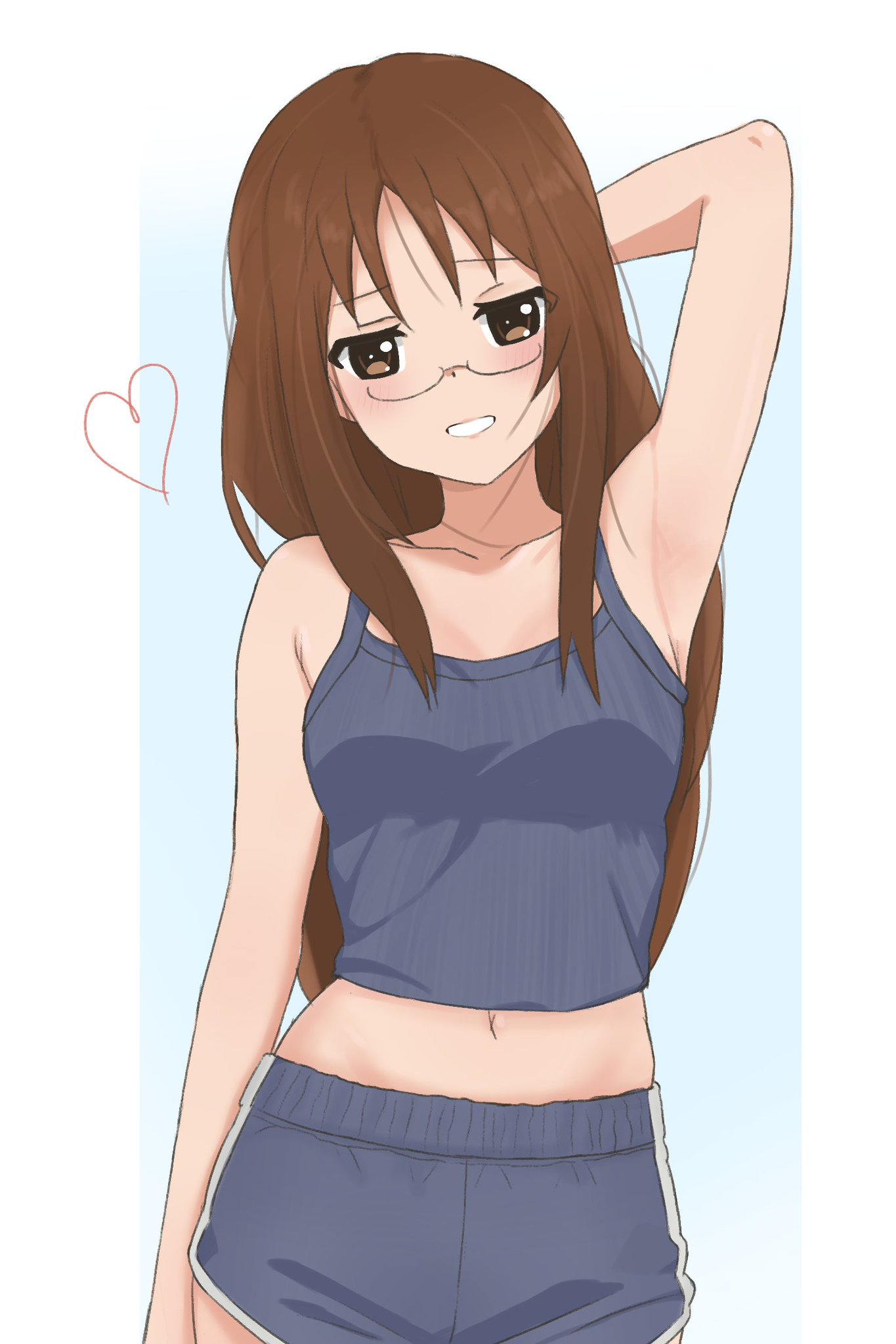 1girls, andrey pavlow, bare midriff, brown eyes, brown hair, female, glasses, hand behind head, heart, k-on!, sawako yamanaka (k-on!), shorts, simple background, sleeveless shirt, smiling at viewer, solo, tagme, very long hair