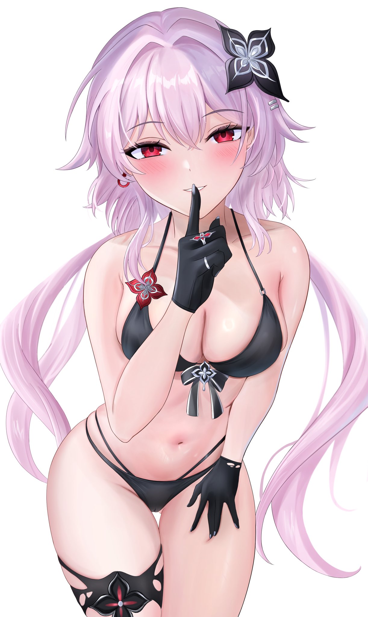 black lingerie, breasts, evernight (honkai: star rail), exposed breasts, female, honkai: star rail, hoyoverse, lingerie, long hair, march 7th (honkai: star rail), mihoyo, pink hair, quiet gesture, red eyes