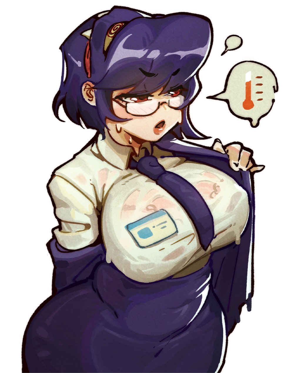 1girls, alternate costume, alternate hairstyle, blue hair, blush, bra, breasts, bubene, female, female only, filia (skullgirls), glasses, lace, lace trim, lace-trimmed bra, large breasts, medium hair, necktie, office lady, open mouth, red eyes, red lips, removing jacket, samson (skullgirls), see-through clothes, see-through shirt, semi-rimless eyewear, shirt, skullgirls, solo, speech bubble, sweat, thermometer, thick thighs, thighs, underwear, undressing, upper body, wet, wet clothes, wide hips