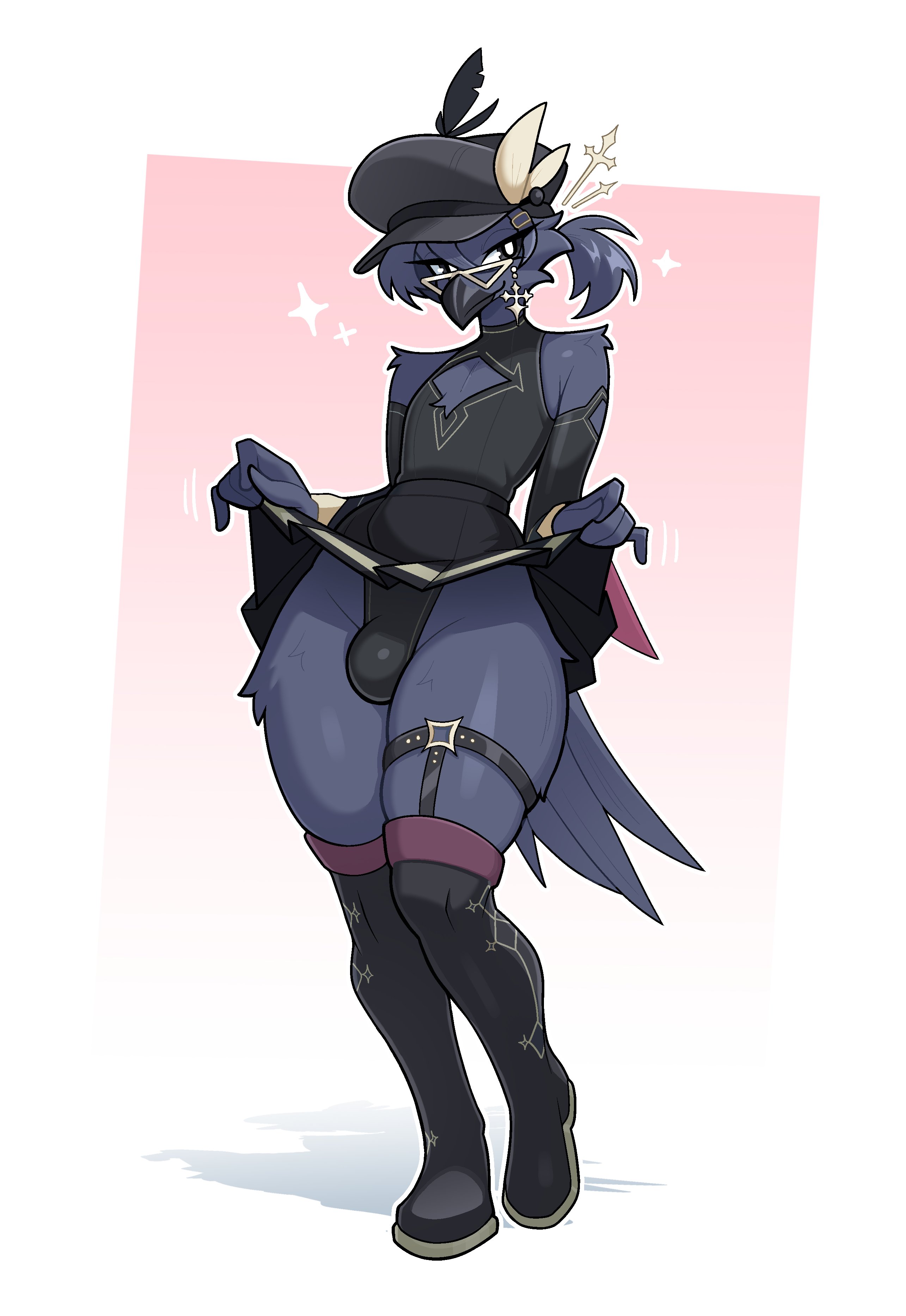 absurd res, anthro, avian, beak, big hat, biped, bird, black clothing, black dress, bottomwear, budoti, bulge, chest tuft, clothed, clothing, clothing lift, corvid, crossdressing, crow, dress, eyewear, feathers, front view, glasses, grey body, grey feathers, grey hair, gwilym (cawky crows), hair, hi res, looking at viewer, male, simple background, skirt, skirt lift, small waist, solo, standing, thick thighs, tight clothing, tight dress, tuft, wide hips