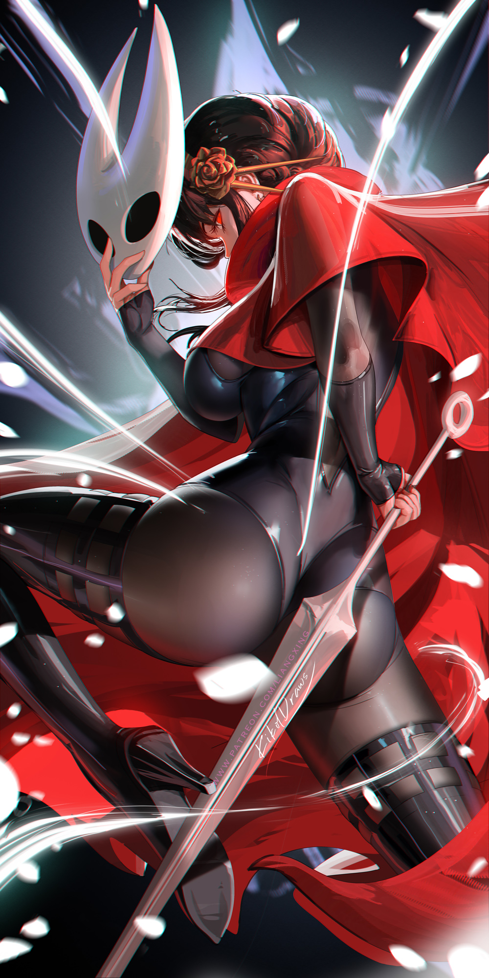 1girls, ass, assassin, back, big ass, black bodysuit, black gloves, black hair, bodysuit, boots, breasts, cape, cosplay, crossover, crossover cosplay, female, female only, fingerless gloves, flower, from behind, gloves, gold hairband, grey background, hair flower, hair ornament, hairband, high heel boots, high heels, highres, holding, holding mask, holding sword, holding weapon, hollow knight, hornet (hollow knight), hornet (hollow knight) (cosplay), human, human female, large breasts, liang xing, looking at viewer, looking back, mask, mature female, red cape, red eyes, skin tight, solo, spy x family, sword, thigh boots, thorn princess, weapon, yor briar, yor forger