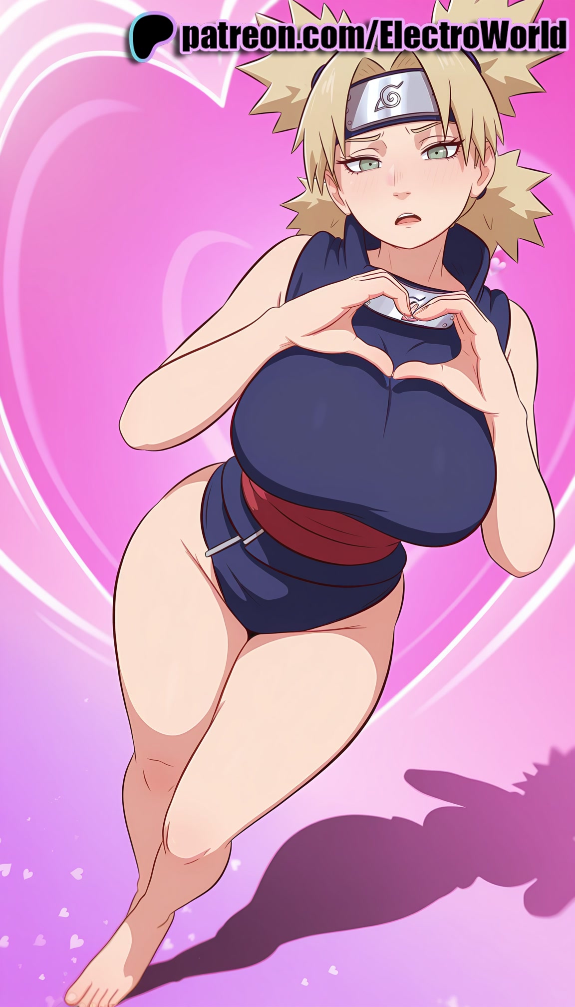 1girls, 2025, ai generated, artist name, barefoot, breasts, bust, chest, electroworld, female, headband, heart, heart hands, hi res, high quality, high resolution, highres, naruto, naruto (series), patreon, patreon username, pink background, solo, stable diffusion, temari, thick thighs, thighs, watermark