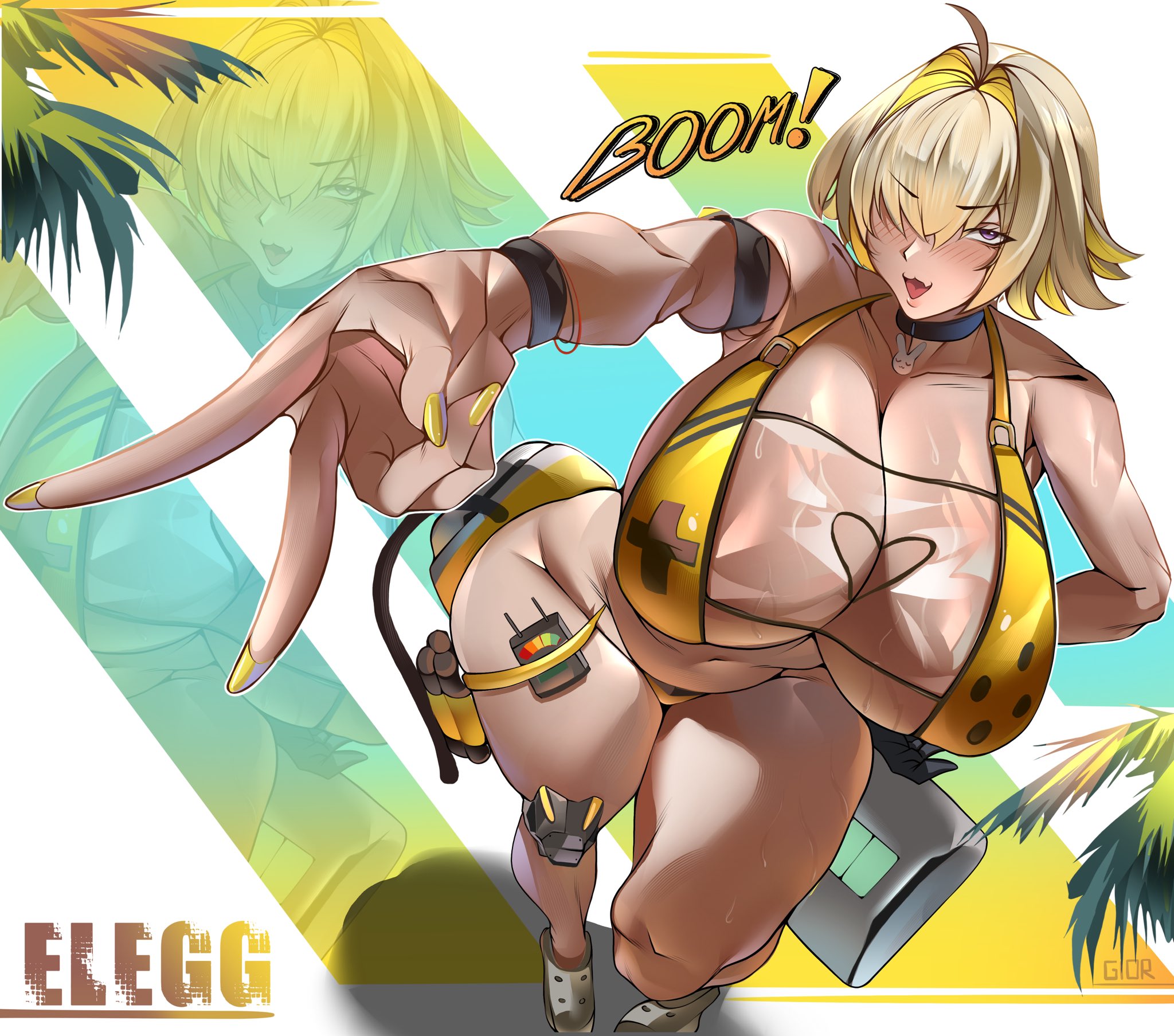 1girls, blonde hair, breasts, elegg (boom and shock) (nikke), elegg (nikke), female, female only, gior dannn, goddess of victory: nikke, huge breasts, light skin, light-skinned female, solo, two-tone hair