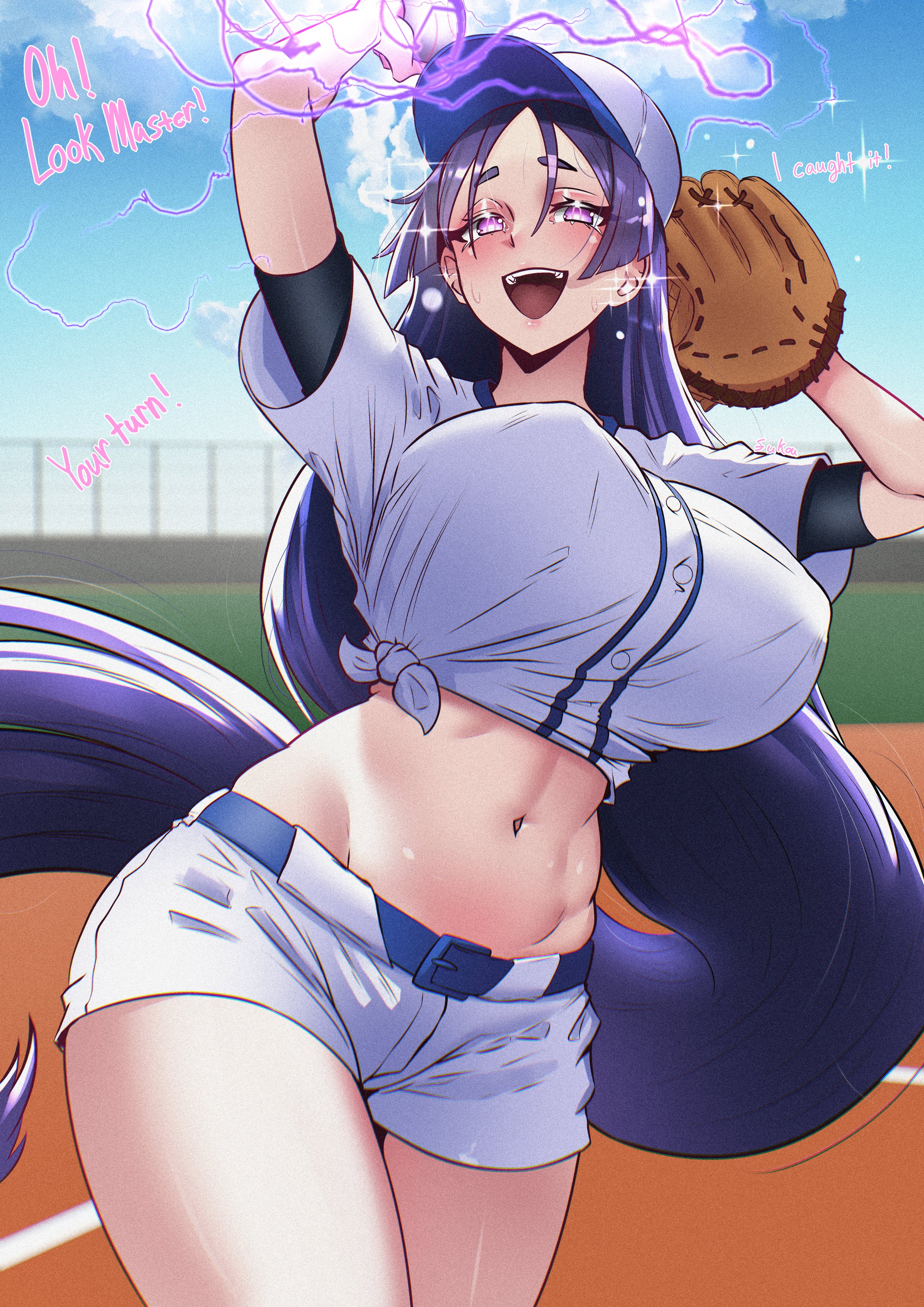 absurdres, blush, breasts, electricity, english text, fate (series), fate/grand order, female, female only, fukou, highres, large breasts, long hair, looking at viewer, midriff, minamoto no raikou (fate), navel, open mouth, parted bangs, purple eyes, purple hair, shirt, smile, solo, sportswear, tied shirt, very long hair
