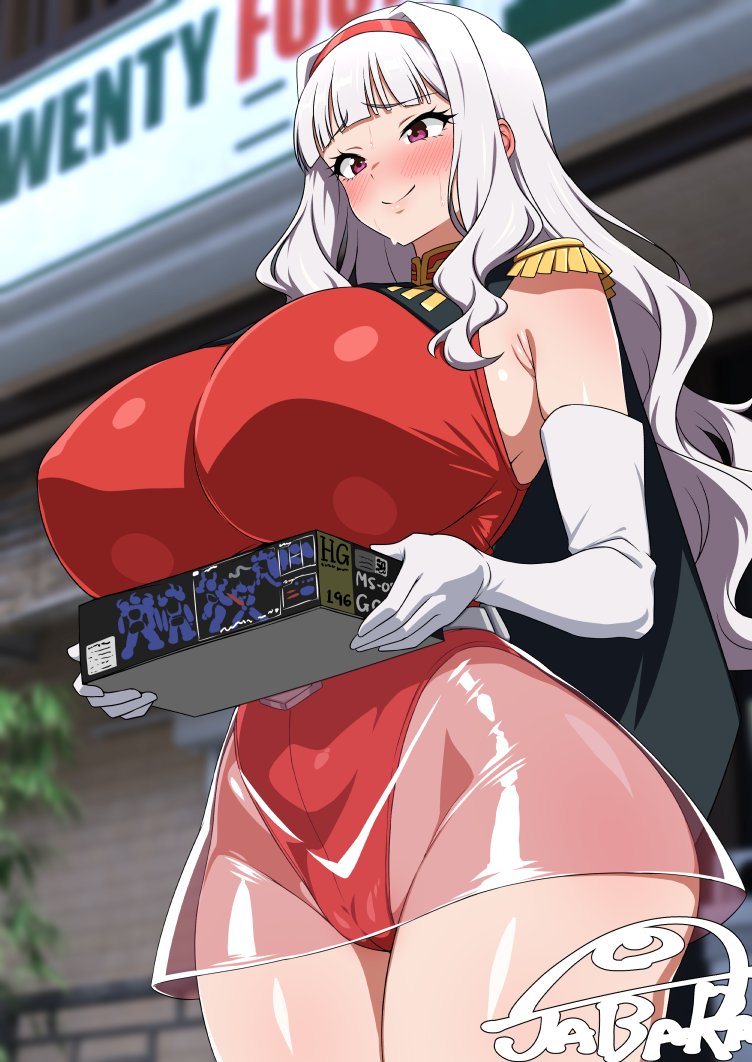 1girls, bouncing breasts, breasts, cosplay, female, female only, gunpla, huge breasts, idolmaster, jabara tornado, large breasts, leotard, light skin, light-skinned female, long hair, massive breasts, shijou takane, white hair