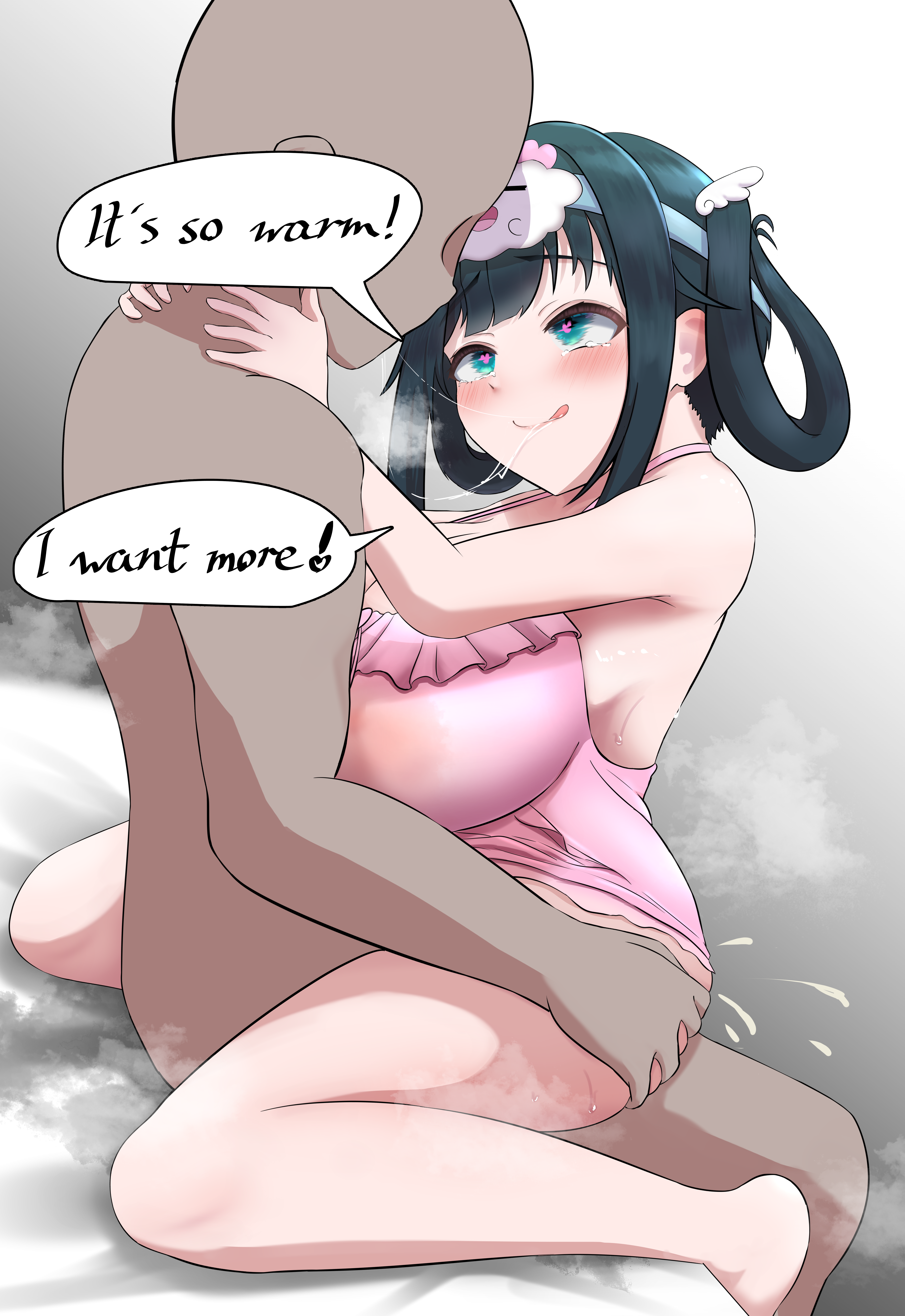 1boy, 1girls, after kiss, amano nene (vtuber), amano nene (vtuber) (pajama), blush, breasts, clothed female nude male, cyan eyes, cyan hair, english text, faiareinboo, female, heart-shaped pupils, huge breasts, implied penetration, implied sex, indie virtual youtuber, licking lips, light skin, light-skinned female, looking at partner, male, male silhouette, pajamas, silhouette, speech bubble, symbol-shaped pupils, talking to partner, text, virtual youtuber